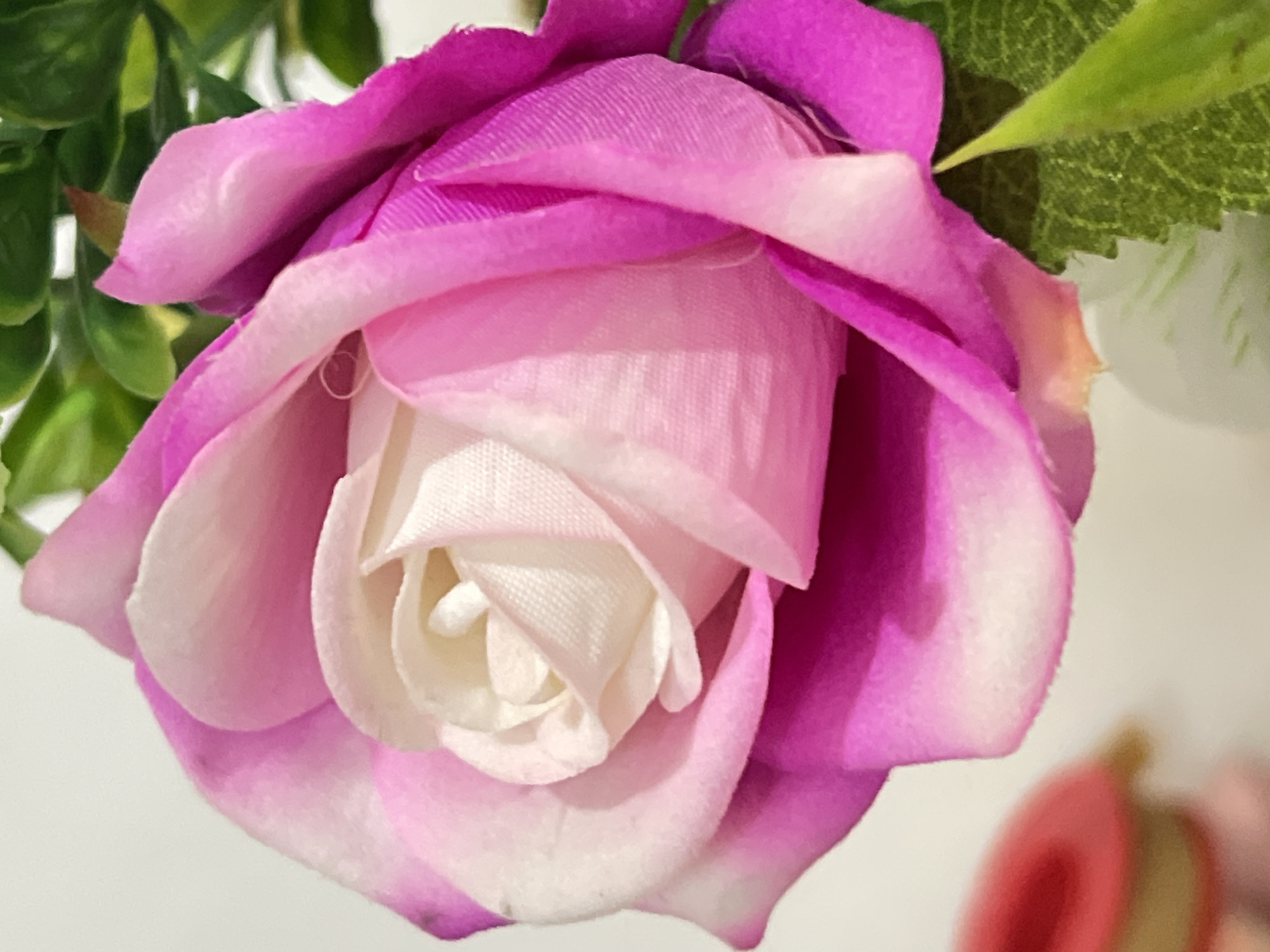 A close-up, top-down view of a pink and white artificial rose. The rose is in the foreground, with some green foliage and a blurred red object in the background. The image has a soft focus and a shallow depth of field. There is no indication of the city of Denpasar, Indonesia.
