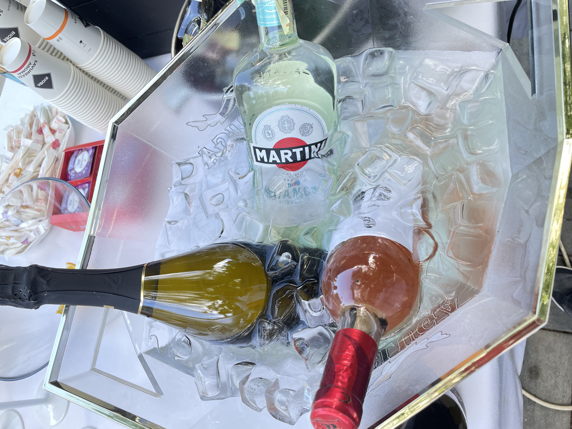 In Vadul lui Voda, Moldova, at an outdoor event, a clear, hexagonal ice bucket with a gold-colored rim holds three bottles of chilled beverages. A green bottle of sparkling wine with a black foil capsule and gold label is submerged in ice, as is a clear bottle of Martini & Rossi vermouth, lying on its side. A third bottle, a rosé wine with a red foil capsule, is also nestled in the ice. In the background, a stack of white paper cups with "Rioba" branding is visible, along with other catering items and greenery. The scene appears to be a casual outdoor gathering.