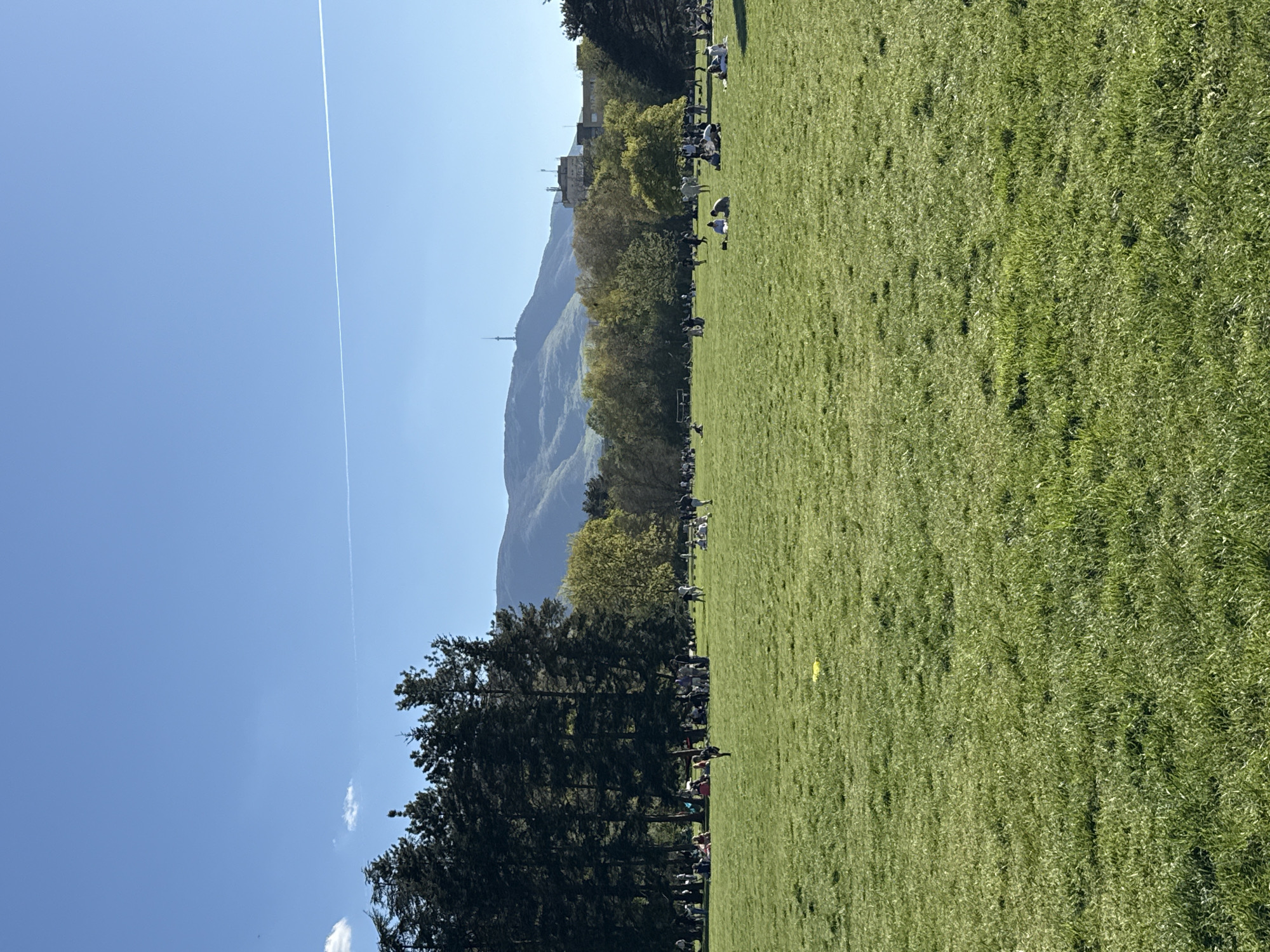 The image shows a bright, sunny day in Sofia, Bulgaria. A large, green field occupies most of the view, with people scattered across it, some sitting and some walking. A line of trees borders the field. In the background, a mountain rises, featuring a prominent telecommunications tower on its peak. A clear, blue sky stretches overhead, marked by a single contrail. The location appears to be South Park (Yuzhen Park) in Sofia, given the field, mountain view (likely Vitosha Mountain), and the presence of the tower.
