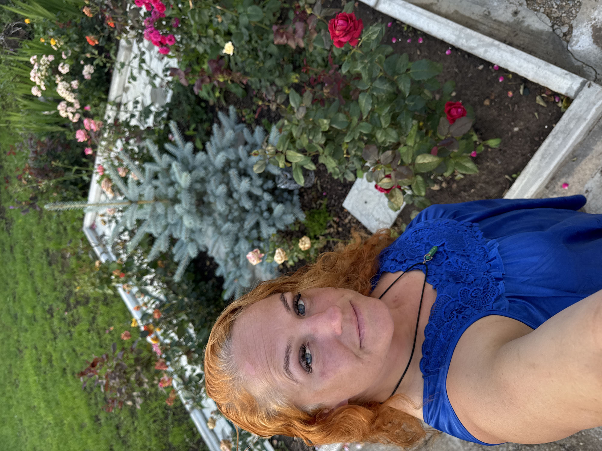In Chaikovsky, Russia, a woman with auburn hair and blue eyes is taking a selfie in a garden. She is wearing a blue lace-trimmed dress and a necklace with a green pendant. The garden features a variety of rose bushes with pink, red, and white blooms, as well as a small blue spruce tree. The background consists of green grass and what appears to be a gravel path.