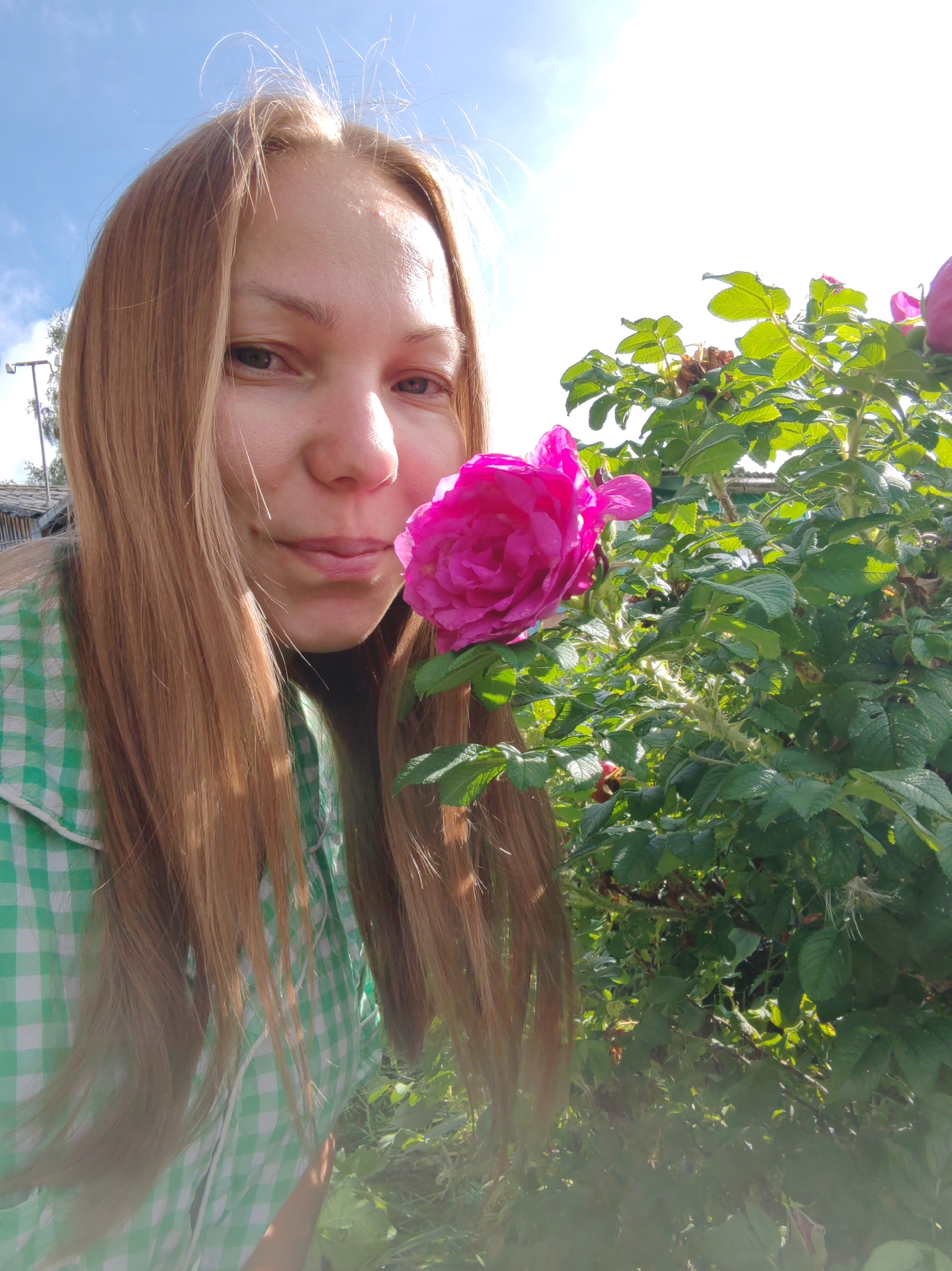 A young Caucasian woman with long, light brown hair and fair skin is taking a selfie in an outdoor setting, likely in the city of Chukhlom, Russia. She is wearing a green and white checkered shirt. Her face is partially visible, with her eyes looking towards the camera. She is positioned to the left of a bright pink rose in full bloom, which is the primary focus of the image along with her face. The rose is part of a dense green bush with thorns visible on the stems. The background shows a bright blue sky with some clouds and hints of buildings and trees, suggesting a rural or suburban environment. The lighting indicates it is daytime, with sunlight illuminating the scene.