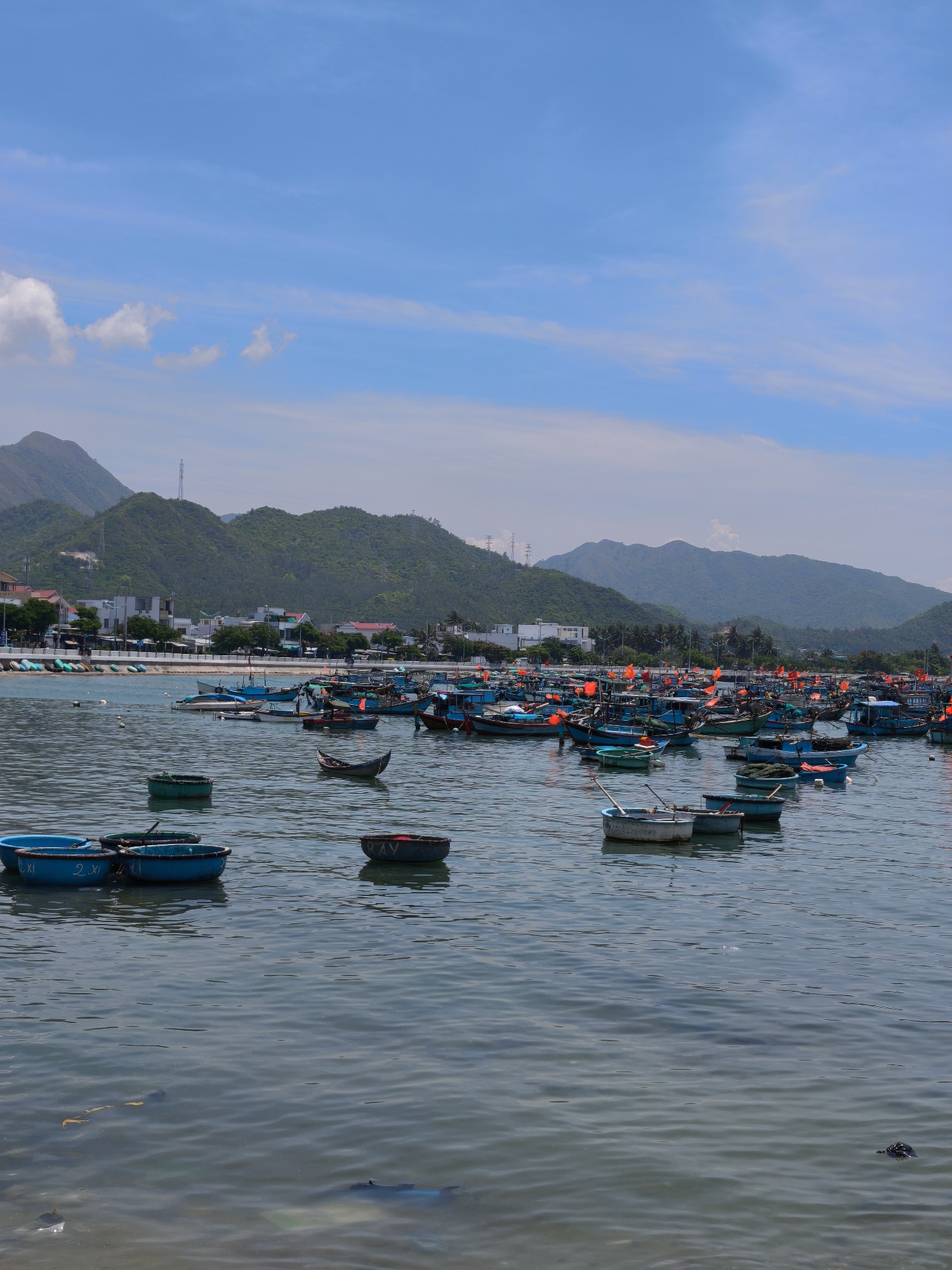 The image depicts a harbor in Vĩnh Lương, Vietnam, with a vast number of boats moored in the calm water. The boats vary in size and design, with many being small, colorful fishing vessels. Some are traditional Vietnamese coracles, circular in shape and made of woven materials. A significant number of boats are adorned with bright orange flags, likely indicating active fishing operations or to mark their ownership.
In the background, a coastal town with white buildings and red-tiled roofs lines the shore, nestled at the base of lush, green hills. Beyond the town, mountainous terrain rises, with some appearing to be covered in vegetation and others showing signs of human development, such as power lines and possibly a cell tower. The sky above is a vibrant blue, with a few wispy white clouds scattered across it, suggesting a clear and pleasant day. The water is a tranquil, deep blue, reflecting the sky and the surrounding elements, with gentle ripples disturbing the surface. The scene conveys a sense of a bustling fishing community and a picturesque coastal landscape.