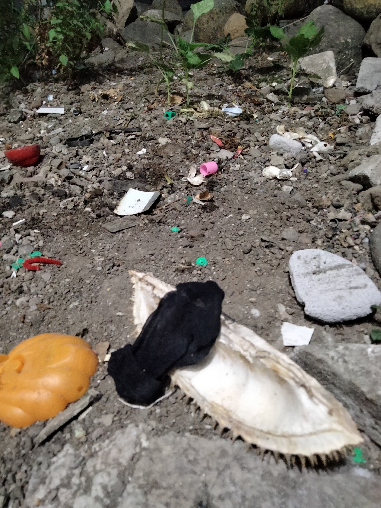 The image depicts a ground-level view of a littered area, likely an outdoor environment with rocks and sparse vegetation. The ground is composed of dirt, small stones, and debris. Various items of trash are scattered across the surface, including a red plastic cup, a pink plastic object, a black sock, and a large shell. There are also small green plastic fragments, and white paper scraps. In the foreground, an orange object, possibly a plastic toy, is visible. The scene appears to be in a state of disarray, indicating a lack of maintenance or cleanup. The overall impression is one of neglect and environmental pollution.