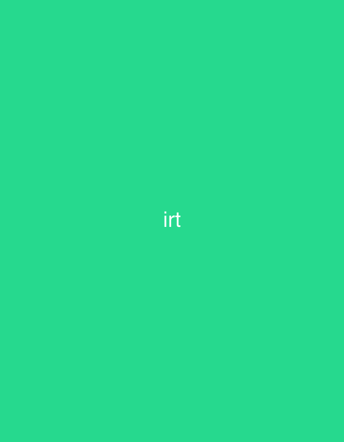 The image displays a uniform, vibrant green background. The white, sans-serif text "irt" appears twice within the frame. One instance is located in the upper right quadrant, and the second instance is centrally positioned in the lower half. The composition is entirely graphical, featuring only these textual elements against the solid colored field. No discernible location in the city of Casablanca, Morocco, nor any specific people, subjects, objects, actions, interactions, or environmental details beyond the colored field and text are present in this digital graphic.