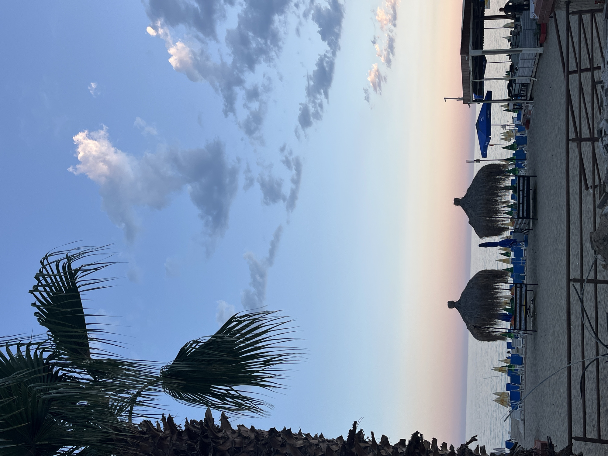 The image depicts a beach scene in Alanya, Turkey. The view is oriented vertically, with the sky on the left and the beach stretching toward the right. The sky is a gradient of blue and pink hues, indicating either sunrise or sunset, with scattered clouds. In the foreground, on the left, is a palm tree with its fronds extending upward and toward the center.
Moving toward the right, the scene transitions to a sandy beach with rows of beach umbrellas and lounge chairs. Two straw-thatched umbrellas stand out, shading the area around them. A structure with a covered roof and additional seating is visible further along the beach. The sea appears calm in the background. In the right foreground, there is construction material suggesting some sort of beach renovation or building activity. There are no visible people in the image.
