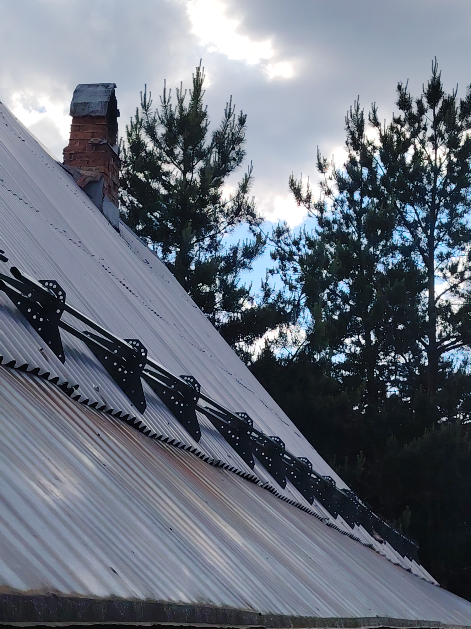 The image shows a sloping corrugated metal roof with snow guards installed. A brick chimney is visible at the top of the roof. Evergreen trees are in the background, with a cloudy sky above. The scene is located in Бараўлянскі сельскі Савет, Belarus.