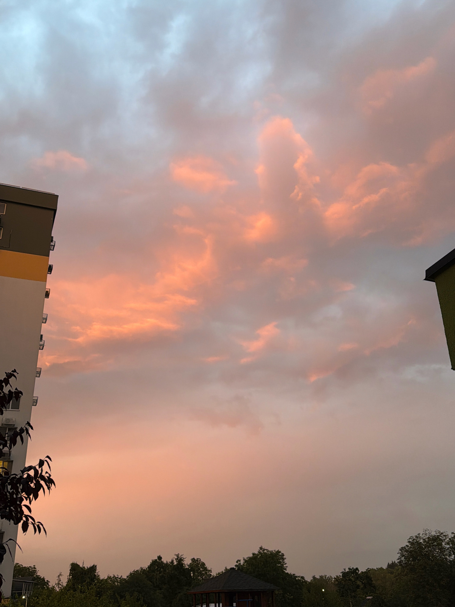 This is a low-angle, eye-level photograph taken outdoors in Kyiv, Ukraine, during what appears to be a sunset. The sky dominates the frame with a dramatic display of clouds illuminated by soft, peachy-pink light. Some areas of the sky are a muted blue-gray, indicating the transition from daylight. In the foreground on the left, the side of a modern apartment building is visible, featuring a white facade with horizontal bands of yellow and green near the top. Several small balconies with railings are attached to the building. To the right, a portion of another building, possibly also an apartment or an industrial structure, is visible with a dark, sloped roof. Below the sky and buildings, a dense band of lush green trees forms the horizon line, with a small, dark-colored gazebo-like structure partially visible amongst the foliage. The overall impression is one of a peaceful urban evening scene with a striking sky.
