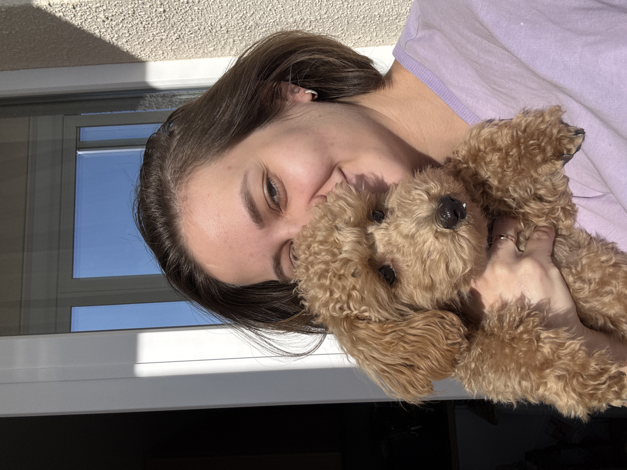 A young woman with brown hair and green eyes is holding a small, brown poodle. She is wearing a light purple shirt. A window is visible behind her, reflecting blue sky. The location is impossible to determine based on the image.