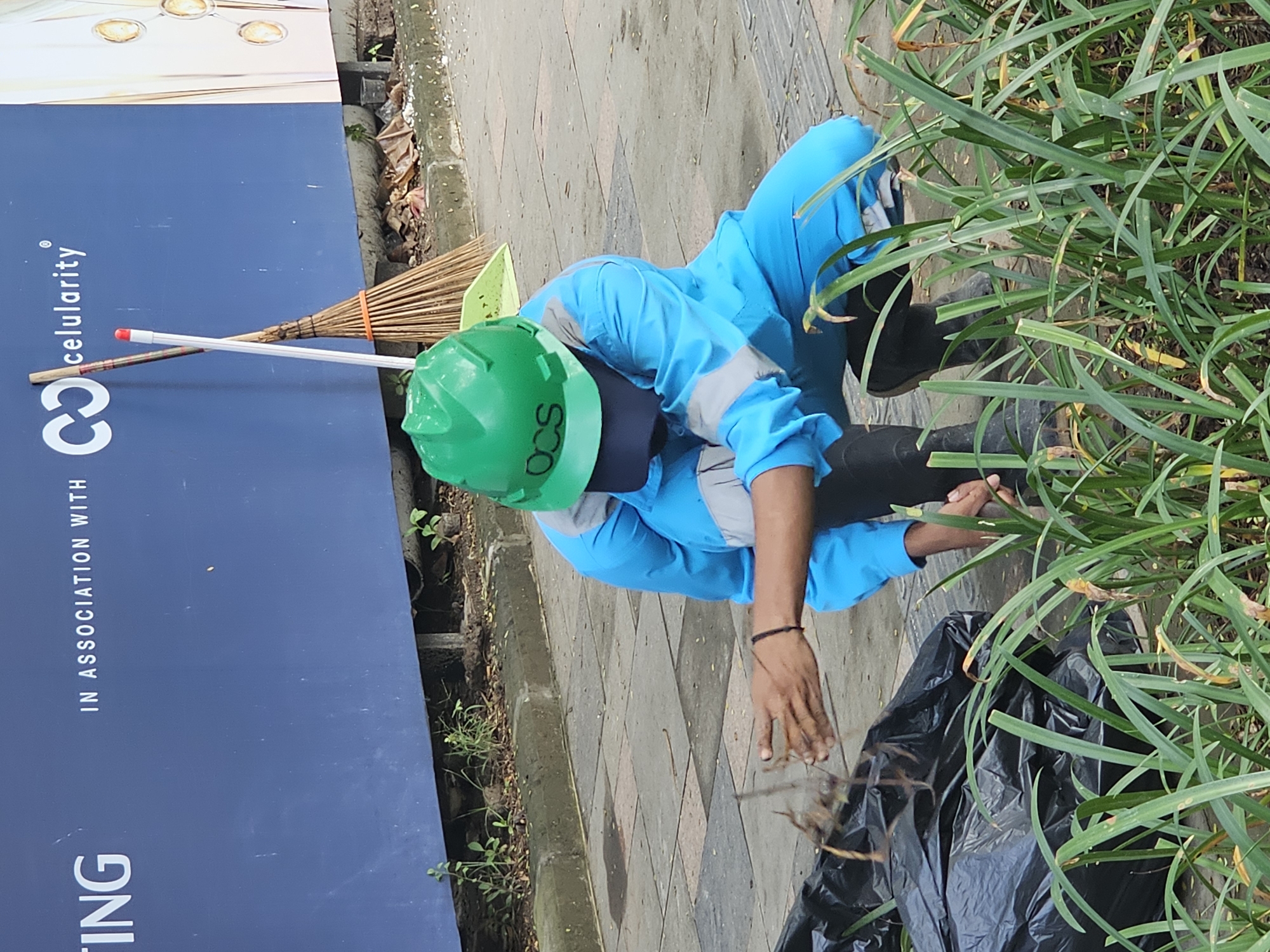 A worker wearing a green hard hat and blue uniform kneels by a black trash bag on a paved sidewalk in Denpasar, Indonesia. The person is gathering debris near a patch of green plants. A broom leans against a blue wall with white lettering that reads "IN ASSOCIATION WITH O cellularity".