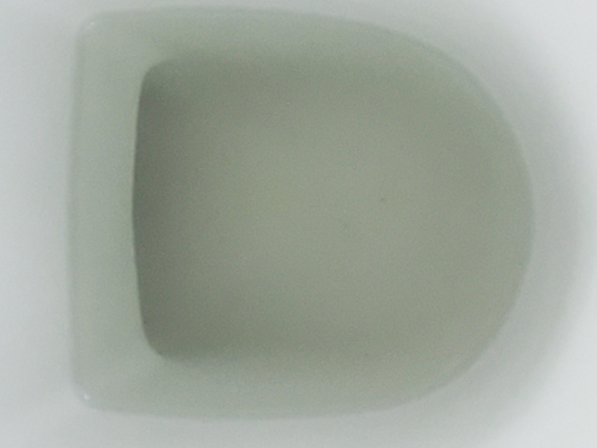 The image is a close-up, top-down view of the inside of a white urinal. The urinal is made of ceramic and has a smooth, curved surface. The lighting is uniform and casts no shadows. The overall color of the image is a pale, desaturated gray-green. There are no people, animals, or any other objects visible in the image. The scene is sterile and appears to be in a restroom. The location is not specified.