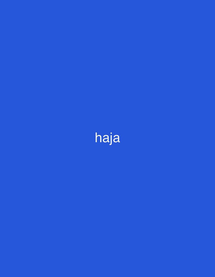 The image displays a minimalist, abstract composition. It features a solid, uniform royal blue background. Centered horizontally, slightly below the vertical midpoint, is the white word 'haja' rendered in a simple, lowercase, sans-serif typeface. No other subjects, objects, individuals, actions, or interactions are visible. The visual content provides no discernible environmental context or geographical information, therefore, no location in the city of Casablanca, Morocco, or elsewhere, can be identified from the image.
