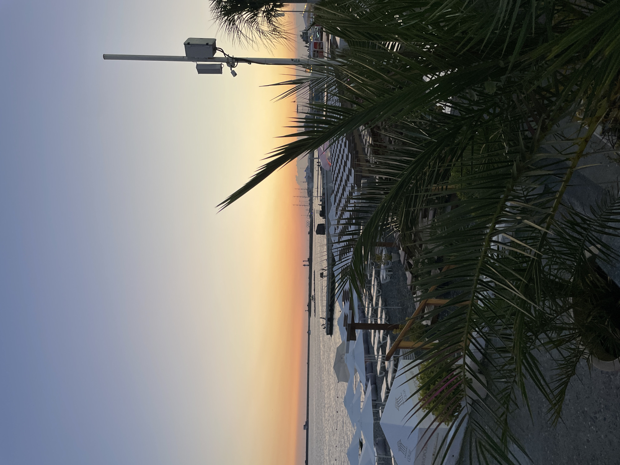The image depicts a sunset scene at a beach resort in Sochi, Russia. In the foreground, palm fronds obscure a portion of the view. Behind the foliage, rows of white beach umbrellas and lounge chairs are neatly arranged on a pebble beach. Beyond the beach, the calm sea stretches towards the horizon, where a gentle sunset paints the sky in shades of orange and purple. A pier extends into the water, with a few figures visible on it. In the distance, several boats and ships are anchored or in motion. A tall pole with communication equipment stands to the right of the frame, silhouetted against the sky. The overall atmosphere is serene and tranquil, typical of a coastal resort at dusk.