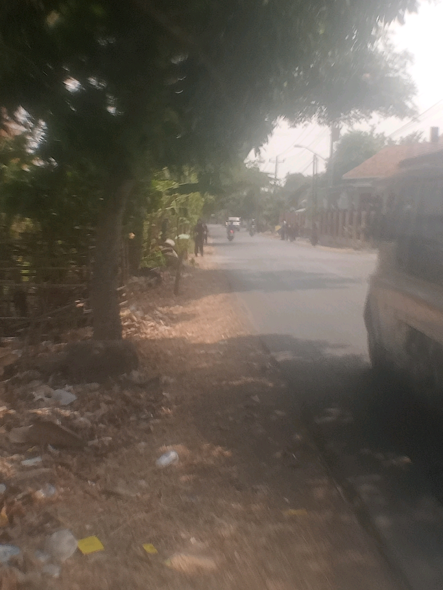 The image depicts a street scene in Lebakgowah, Indonesia. The foreground shows a dirt path cluttered with debris, including leaves and discarded plastic items. A tree with dense foliage stands to the left of the path, casting a shadow. Beyond the path, a paved road is visible, with several people and motorbikes present. Some individuals appear to be walking, while others are on motorbikes, suggesting movement and activity. Buildings line the right side of the road, and trees and utility poles are scattered throughout the background. The overall impression is of a moderately busy street in a residential or commercial area, with evidence of some littering.