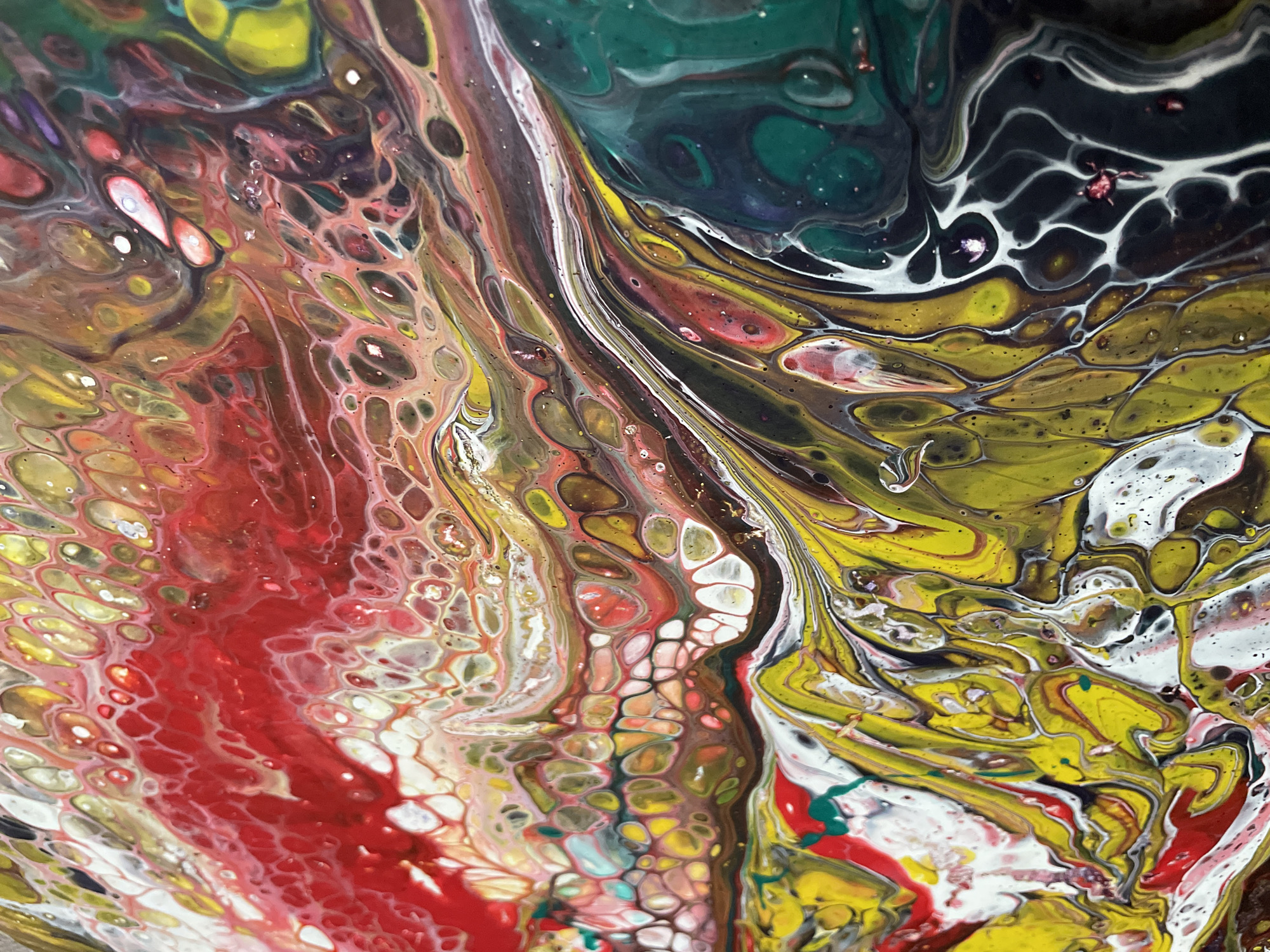 This is an abstract painting featuring a fluid art technique. The artwork displays a vibrant and chaotic pattern of colors including red, yellow, green, black, white, and shades of brown and pink. The paint has been poured and manipulated to create cells, swirls, and lacy patterns. There are no people, objects, or environmental elements present that would suggest a location in Zheleznogorsk, Russia, or any specific city.