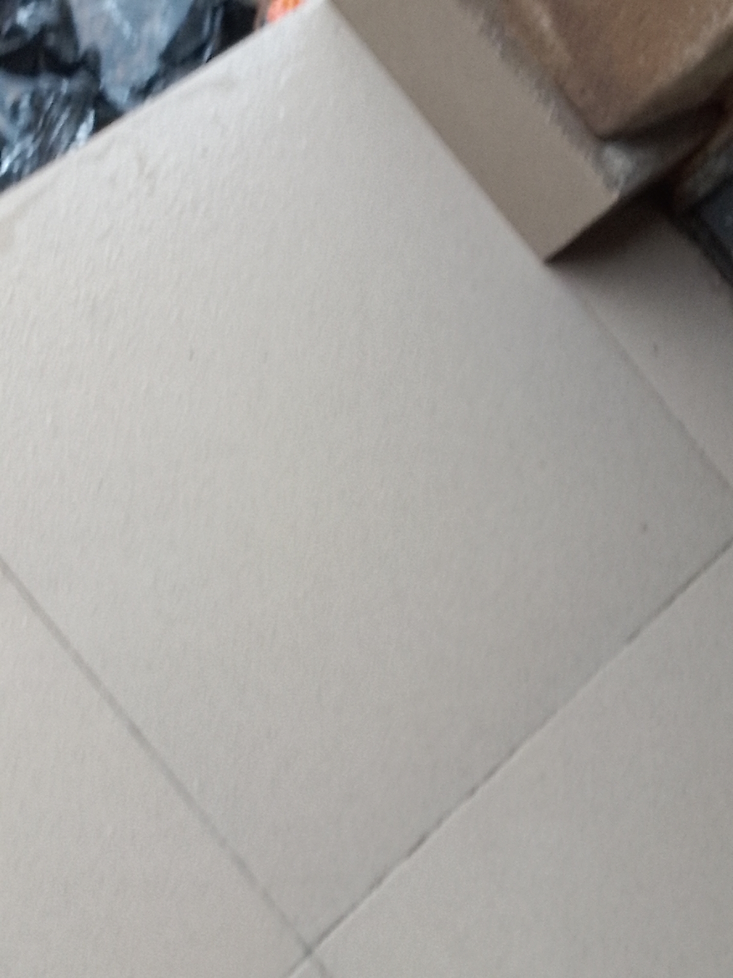 A close-up, eye-level, indoor shot shows a light beige tiled floor. The tiles are laid in a diamond pattern, and there is a thin, dark line indicating the grout line between two tiles. In the upper left corner, a black plastic bag, possibly filled with trash, is partially visible. To the right of the bag, a light brown brick is visible, positioned on top of another surface. The lighting is diffused and appears to be artificial. The background is out of focus, making it difficult to discern further details about the environment.
