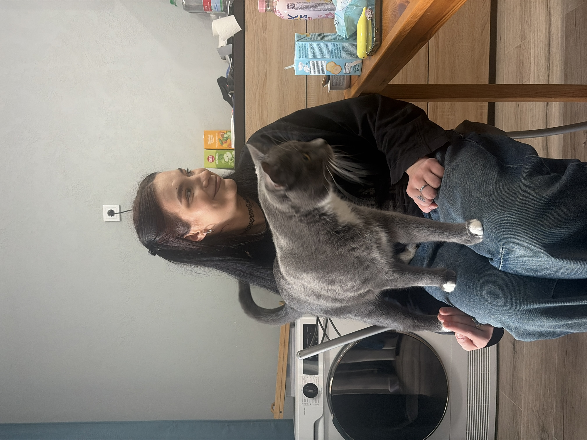 A woman with long dark hair sits in an indoor setting, wearing a black shirt and blue jeans. A gray cat is perched on her lap, mid-movement. A washing machine is visible in the background. The scene includes a table with various items such as juice boxes and water bottles. The location is an unidentified indoor space, and there is no information to infer its location in Saint Petersburg, Russia.
