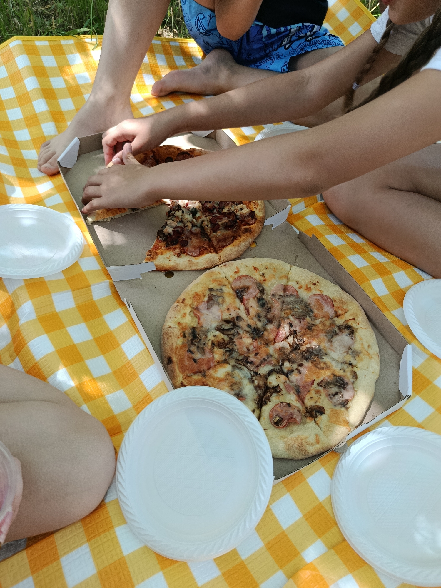 An outdoor picnic scene unfolds on a yellow and white checkered blanket spread over green grass. At least three individuals are partially visible. On the left, a person's bare feet and lower legs rest on the blanket. In the upper right quadrant, another person's arm, with a visible braid, reaches into a cardboard pizza box, extracting a slice of pizza. Below this, the lower body of a third person, wearing blue patterned shorts, is seated on the blanket. A fourth person's upper thigh is visible in the bottom left corner. Two large pizzas are present in cardboard boxes; one pizza (upper box) has several slices removed, while the other (lower box) is largely intact, displaying toppings such as mushrooms, sausage, and cheese. Multiple white, disposable plastic plates are arranged on the blanket: one on the far left, one on the bottom left, and one on the far right. The scene is illuminated by natural sunlight, casting shadows. The specific location is unknown.