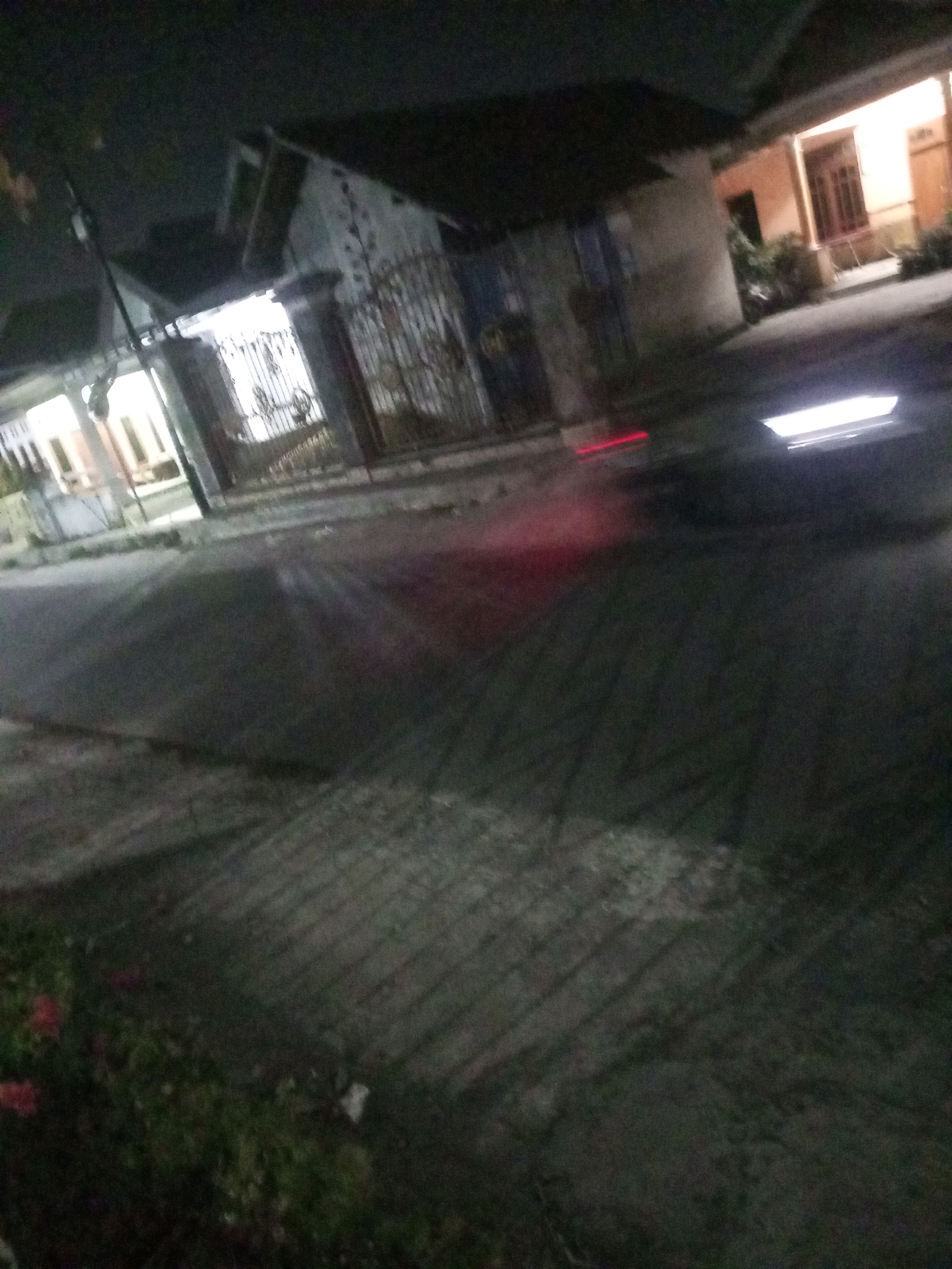 The image captures a street scene at night in Ngasem, Indonesia. The foreground shows a dark asphalt road with a paved sidewalk to the left, partially obscured by greenery and a few red flowers. The street is illuminated by the bright headlights of a passing vehicle, creating a streak of white light across the road. Red light from the vehicle's taillights is also visible.
In the background, houses line the street. The house on the left has a gate and appears to be illuminated from within. The house on the right has a porch light on, casting a warm glow. The overall impression is of a quiet residential street after dark. The image is slightly blurred, suggesting motion during the capture.