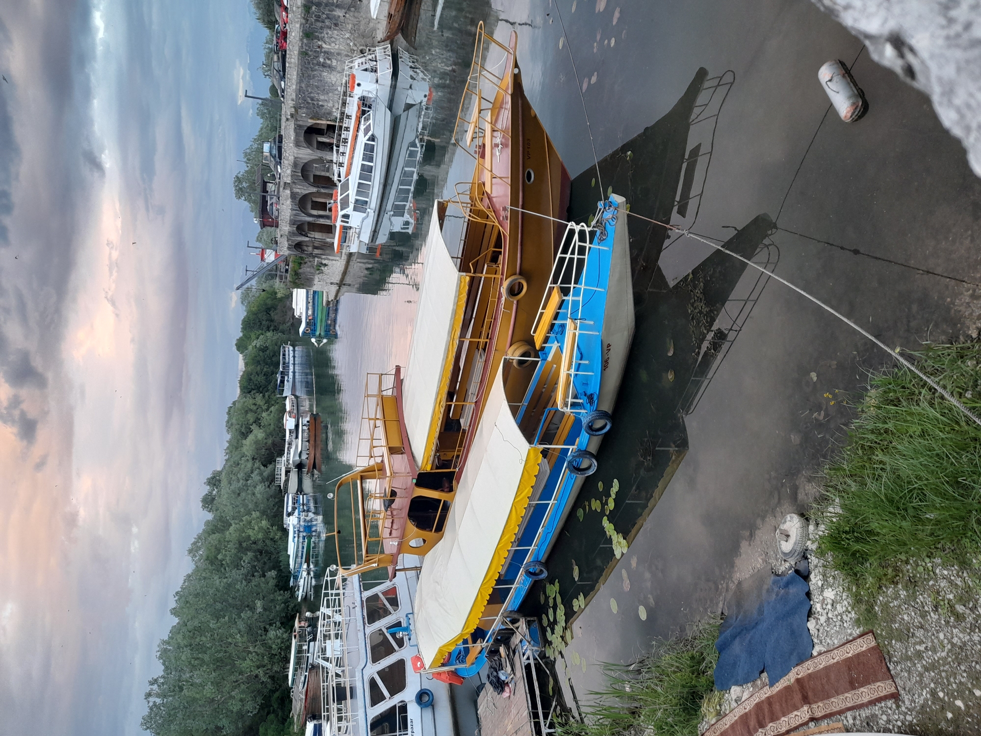The image depicts a waterfront scene with several boats docked along a concrete quay. The boats are of varying sizes and colors, ranging from white and blue to brown and yellow. Some have canopies, while others appear to be open-decked. The water is dark and reflects the boats and the cloudy sky above. Lily pads float in the water near the boats.
On the quay, there are patches of grass, a partial rug, and what appears to be a wheel partially submerged in the water. In the background, across the water, there is a row of trees and a stone structure with archways.
The location is in the city of Unknown, Unknown.