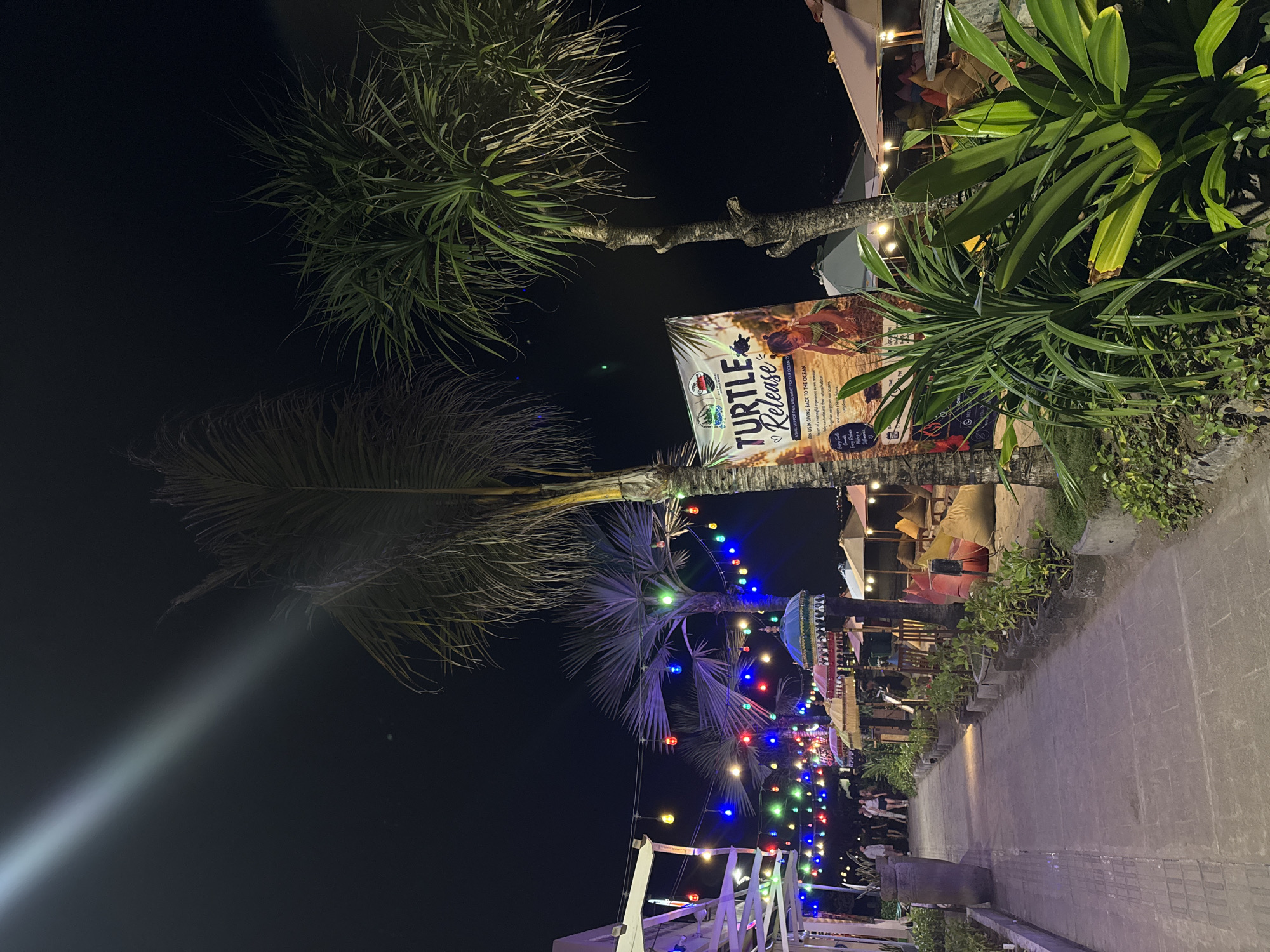 This image depicts a nighttime scene along a paved walkway in Kuta, Indonesia. The walkway is illuminated by strings of colorful lights that hang between palm trees. To the right of the walkway, there is a beach area with beanbag chairs and umbrellas. A large banner advertising a "Turtle Release" event is prominently displayed, featuring an image of a child releasing a turtle into the ocean. Several palm trees, some with their fronds illuminated by the lights, are scattered throughout the scene. A few individuals can be seen walking along the pathway. The overall atmosphere is festive and tropical.