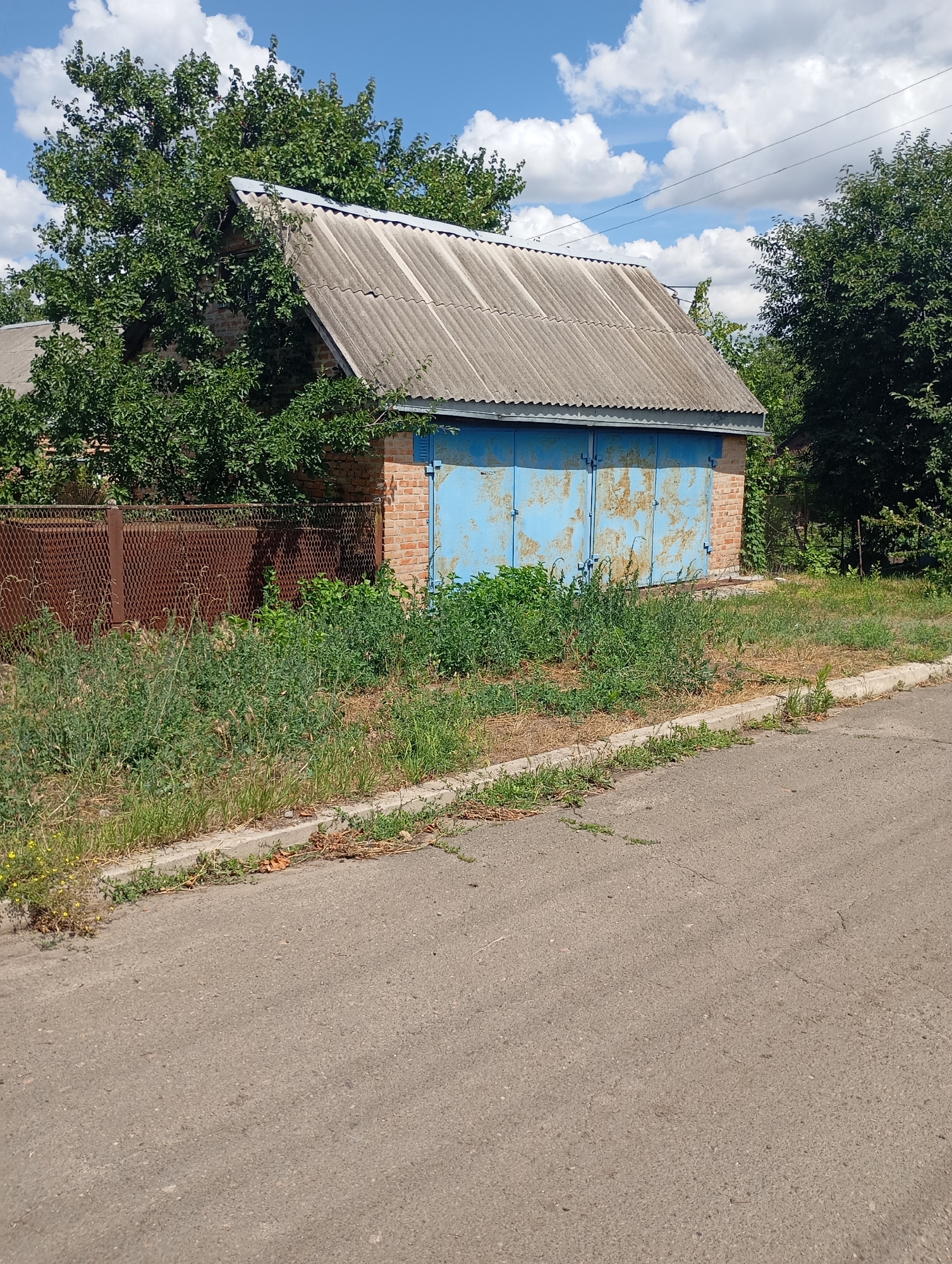 The image depicts a weathered brick garage with a corrugated metal roof, situated in Sozonivka, Ukraine. The garage features two large, old, faded blue metal doors. A rusty metal chain-link fence runs along the left side of the property, with overgrown green vegetation growing in front of it. Trees and foliage surround the garage, partially obscuring the structure. A paved road runs in the foreground, with a concrete curb and more vegetation along its edge. The sky above is blue with scattered white clouds, and utility lines are visible in the distance. The scene appears to be a residential or semi-rural area, likely a private property.