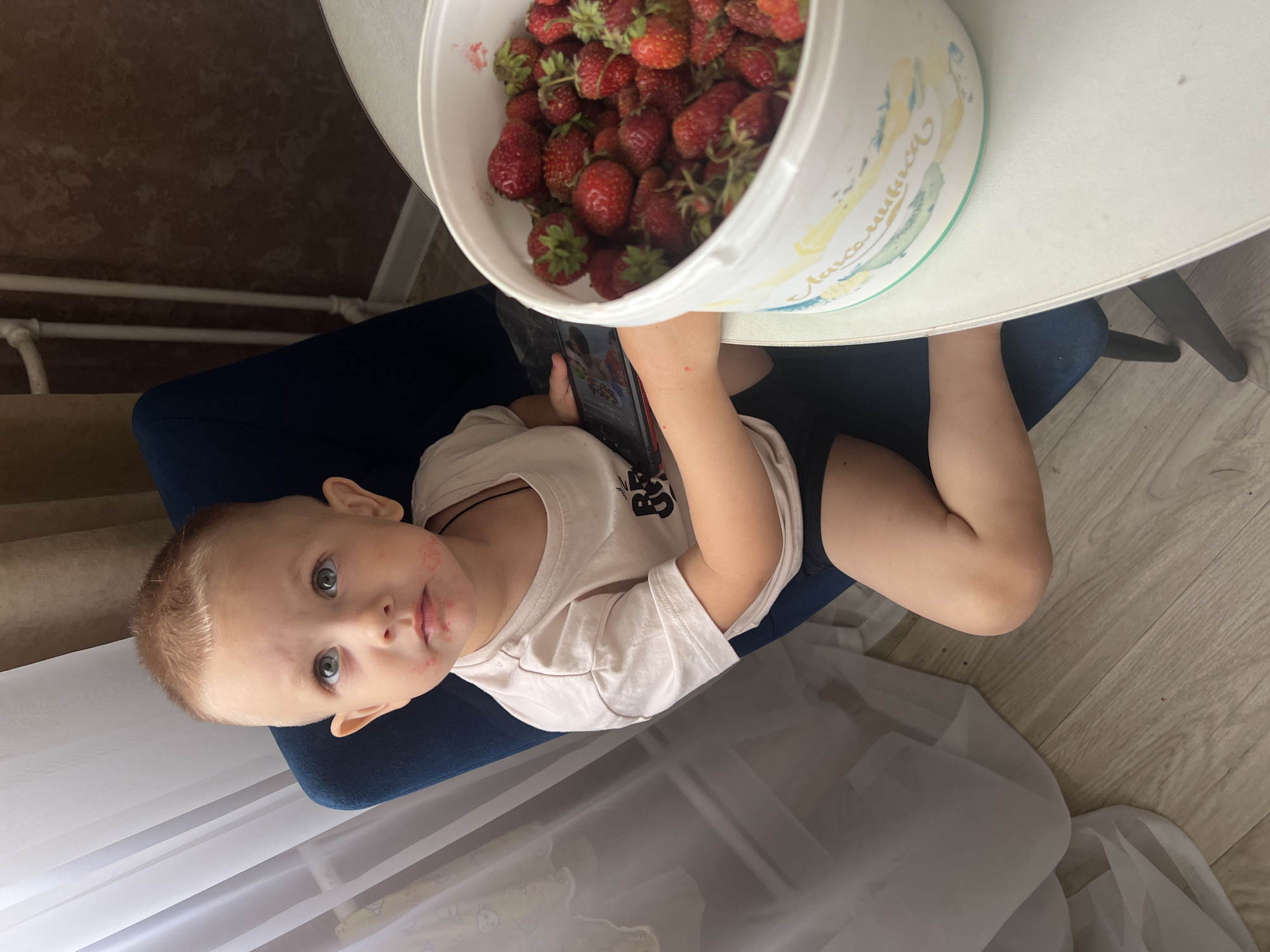 A young child is sitting in a chair, holding a smartphone and looking at the camera. A bucket of strawberries is tilted over the child's head, with some strawberries spilling out. The child has red marks on their face, possibly from eating strawberries. The child is wearing a light-colored t-shirt and dark shorts. The scene appears to be indoors, with a window and curtains visible in the background. The floor is made of light-colored wood. The lighting suggests it is daytime. The overall mood is casual and domestic.