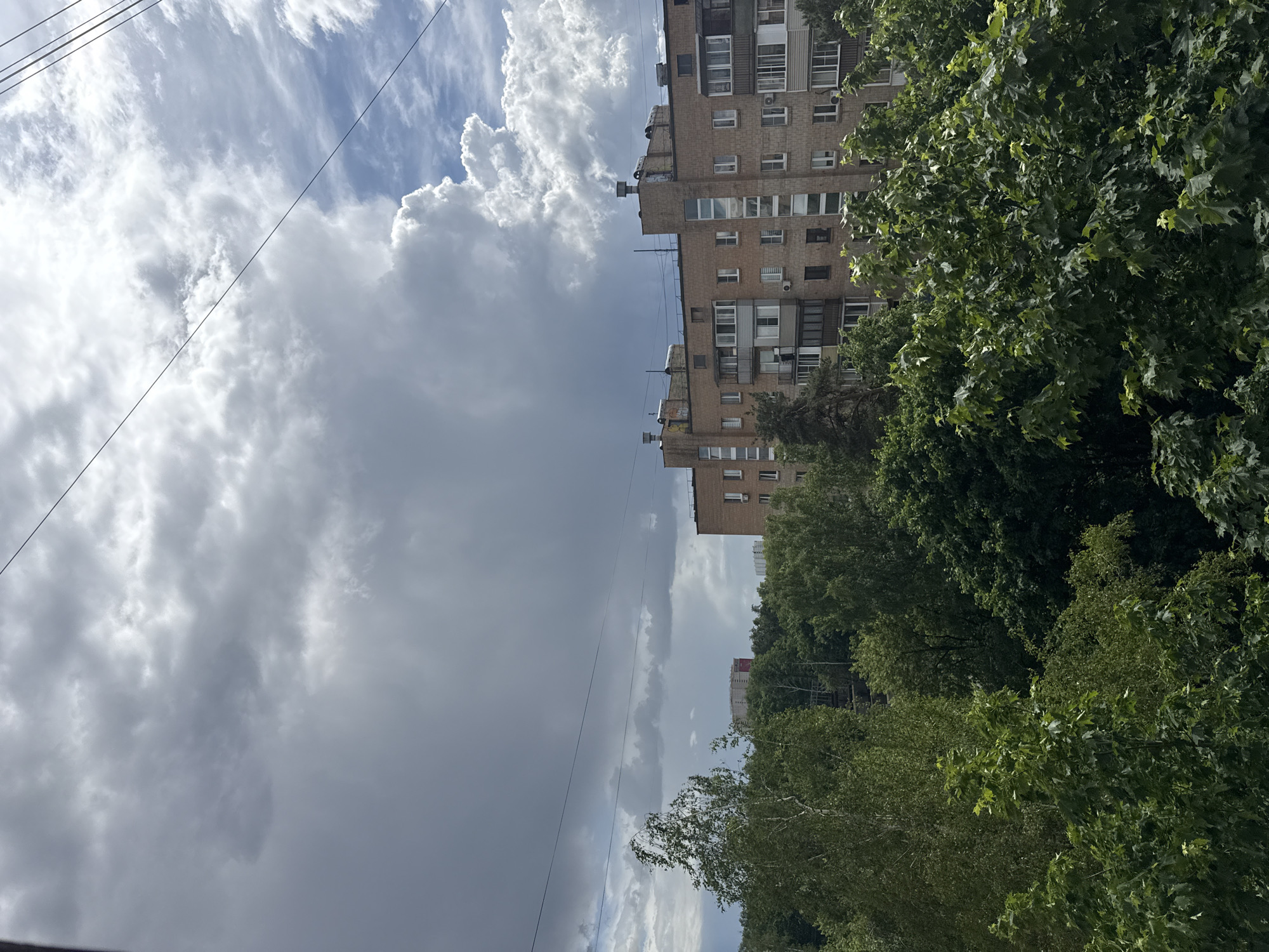 The image depicts a view from Mytishchi, Russia, encompassing a cloudy sky, a brick apartment building, and green trees. Overhead electrical wires are visible against the sky. The building is multi-storied with multiple windows and balconies. The trees fill the lower part of the frame, obscuring the view of the ground.