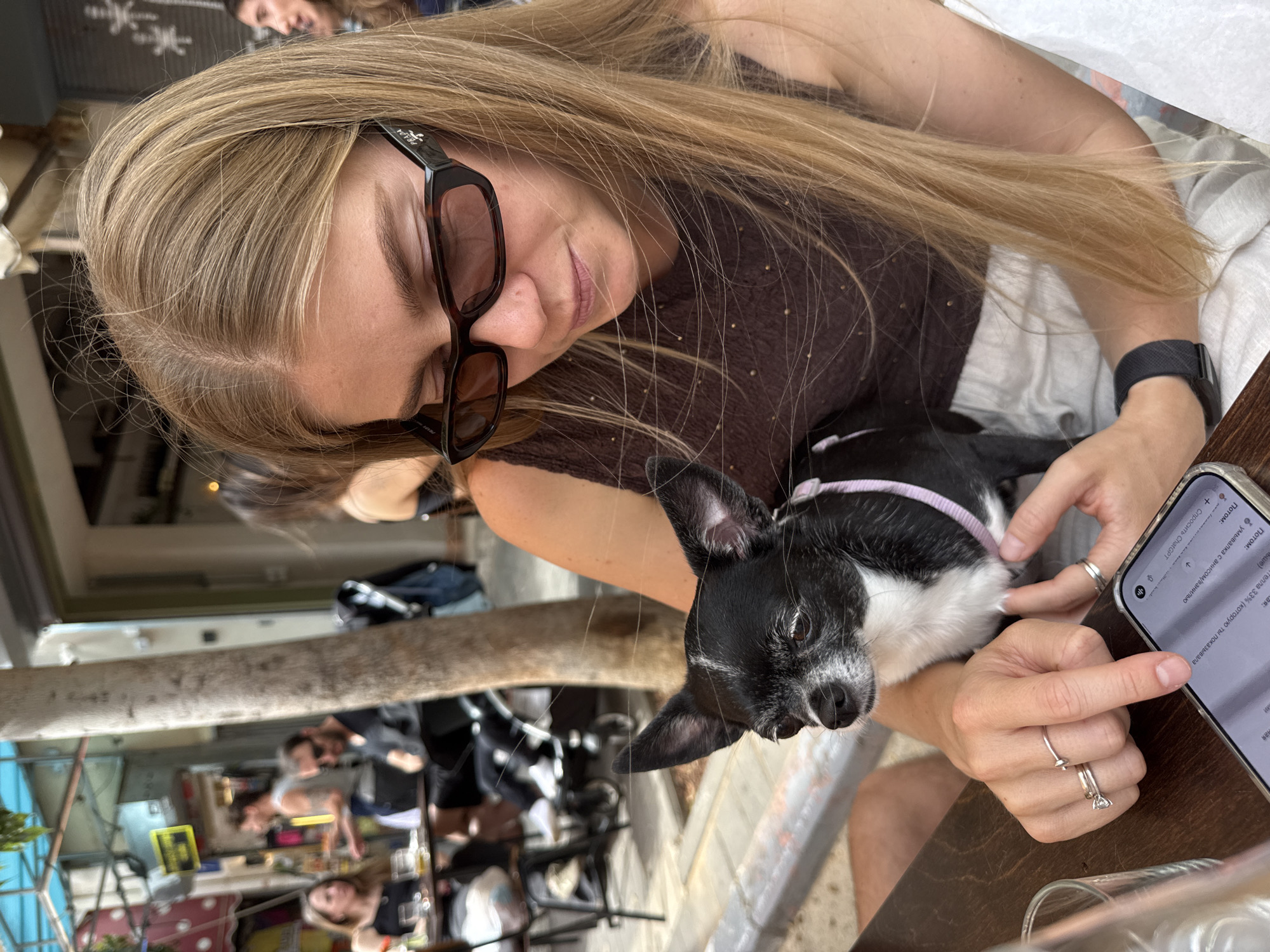 The image shows a woman with long blonde hair, wearing Prada sunglasses and a brown top, holding a black and white Chihuahua dog. She is sitting at a table, looking at her smartphone with her finger on the screen. The phone displays some text, possibly in Russian. The table is made of wood. The setting appears to be an outdoor cafe or restaurant. People are visible in the background, along with tables and chairs. Based on the style and atmosphere of the surrounding area and people in the background, as well as what the phone contains, it is likely that the location is in the city of Tel-Aviv, Israel.