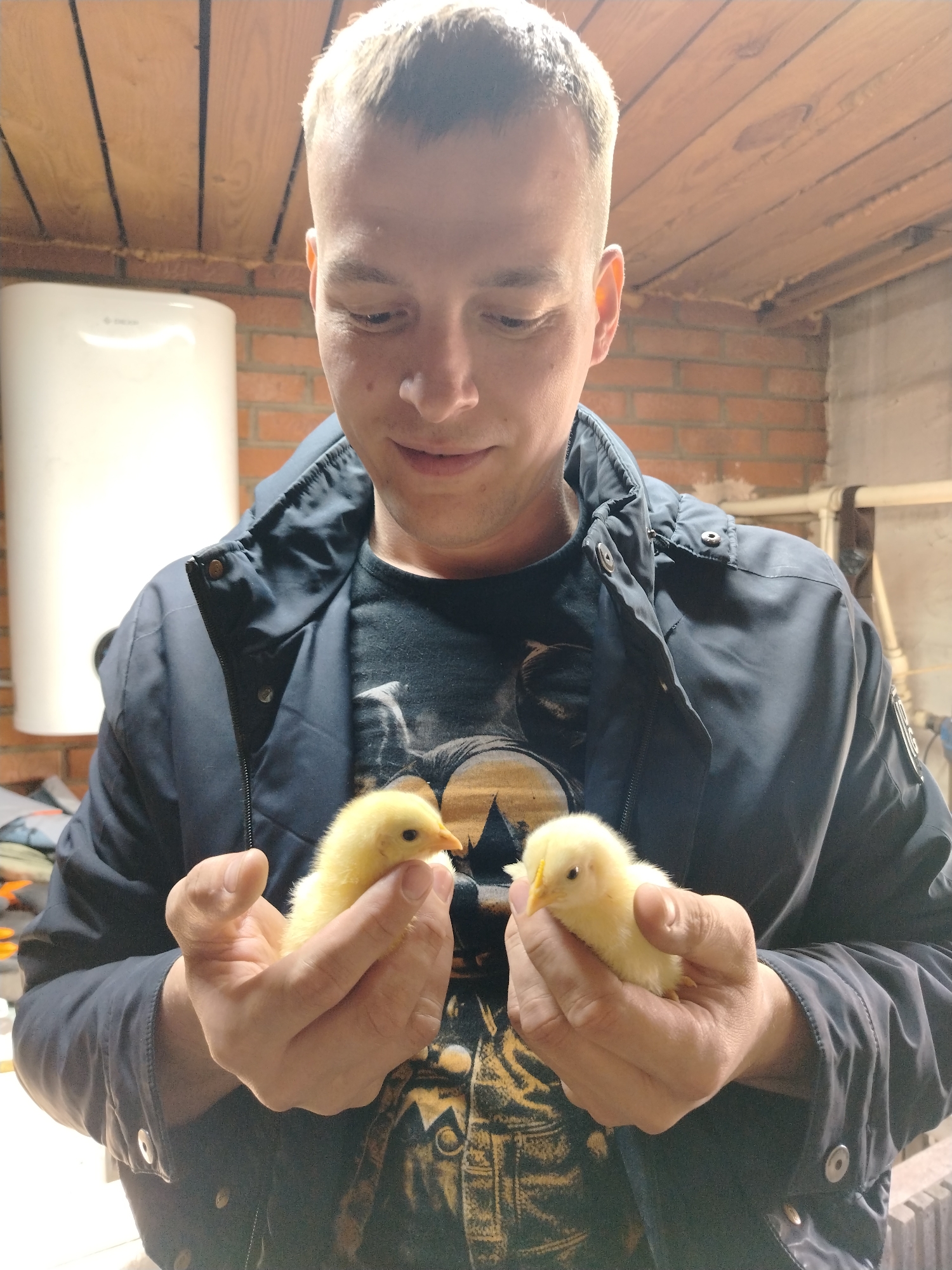 A fair-skinned man with short blond hair is holding two yellow chicks in his hands. He is wearing a dark blue jacket over a t-shirt with a graphic print. The background includes exposed brick, a white water heater, and a wood-paneled ceiling. The location is Nizhnyaya Gar', Russia.