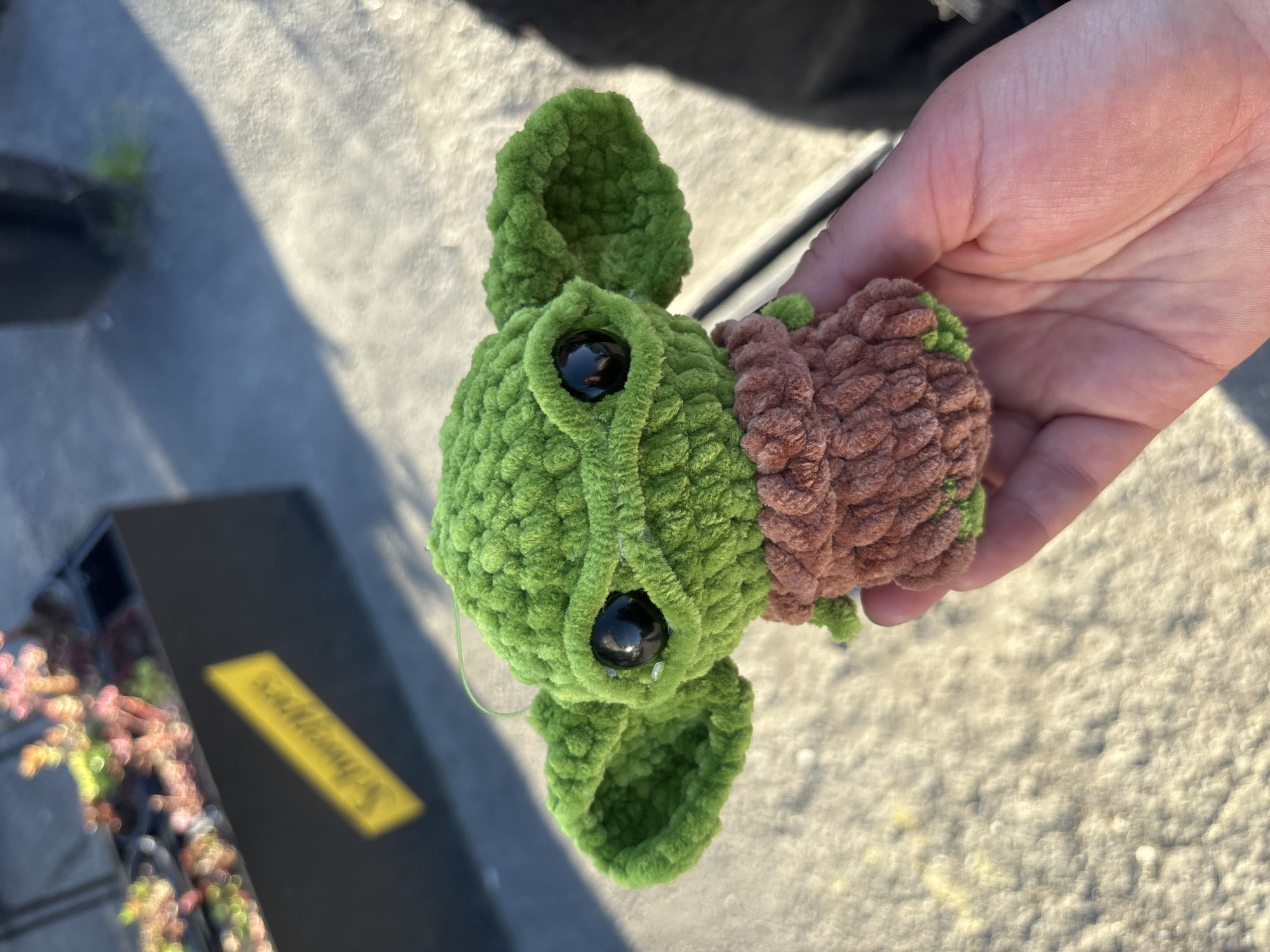 A hand holds a crocheted Yoda doll with a brown robe. The doll is positioned over what appears to be a sidewalk. In the background, a black container with a yellow label is partially visible. It is impossible to verify if this image was taken in Asenovgrad, Bulgaria.