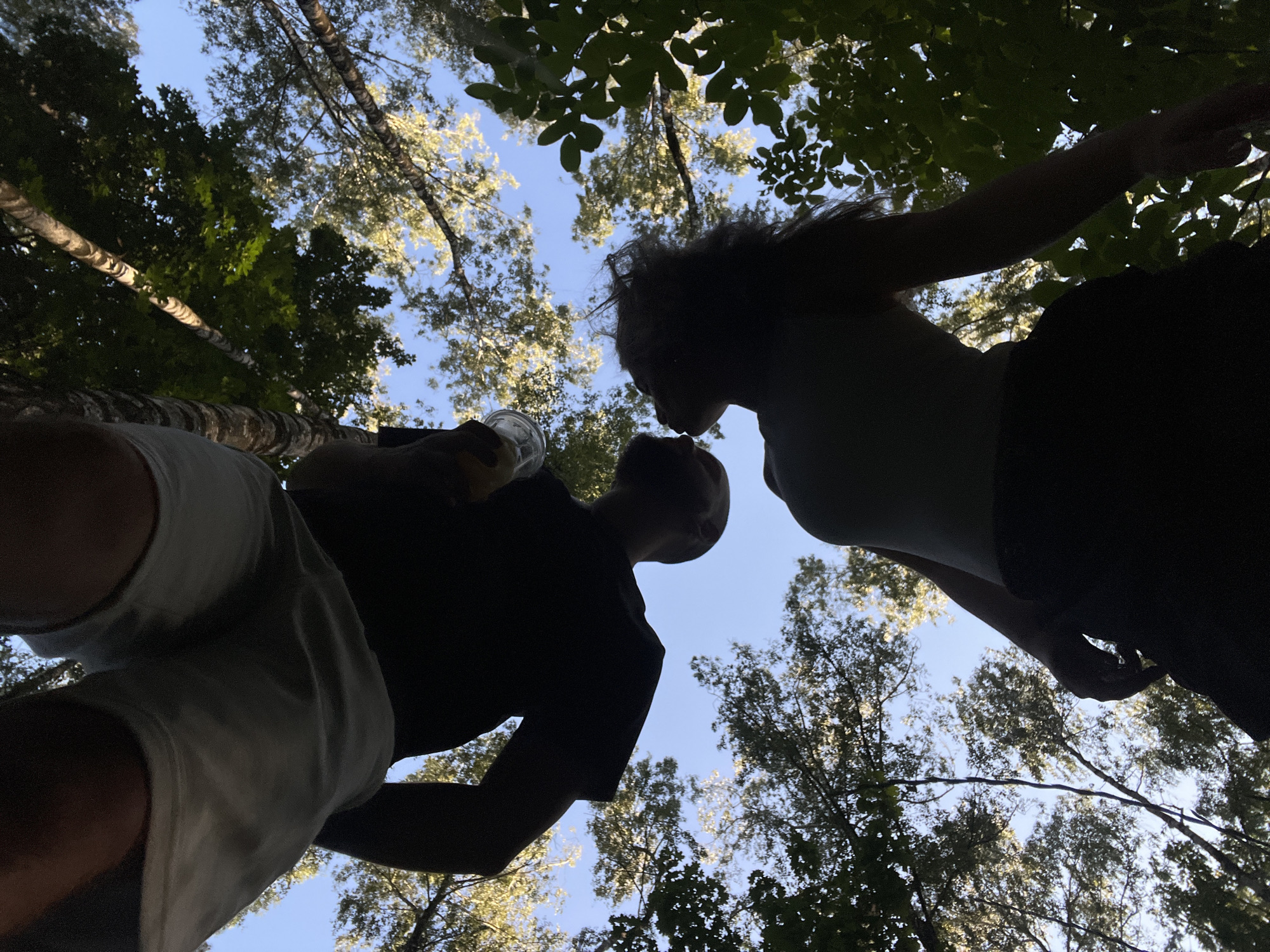 This is a low-angle, silhouette-style photograph looking up at two people from below, with a backdrop of trees and a clear blue sky. The subjects are positioned in the foreground, facing each other and appearing to be close. The person on the left is wearing a black t-shirt and light-colored shorts, and is holding a clear plastic cup with a drink. The person on the right is wearing a dark top, and their hair is visible. Their bodies are silhouetted against the sky, making it difficult to discern specific facial features or clothing details.
The scene is set outdoors, with the canopy of trees obscuring much of the sky. The lighting suggests it is daytime, possibly late afternoon or early morning, given the angle of the sun creating strong silhouettes. The foliage indicates a natural environment, likely a park or forest. The composition, with the subjects framed by branches and leaves, creates an intimate and possibly romantic atmosphere. There is no visible text in the image. The location context provided is Ternopil, Ukraine.