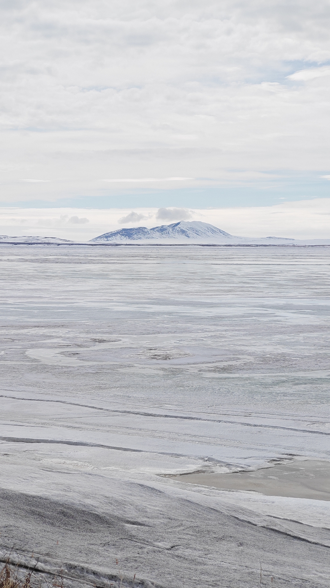 The image shows a wide, frozen expanse, likely a lake or bay, under an overcast sky. In the distance, a snow-capped mountain range is visible. The foreground shows textured ice and snow, with some exposed land or vegetation along the lower edge. It's a winter scene, possibly depicting a frozen landscape in a remote, cold region. The information about Ugolnye Kopi, Russia cannot be confirmed by the content of the picture.