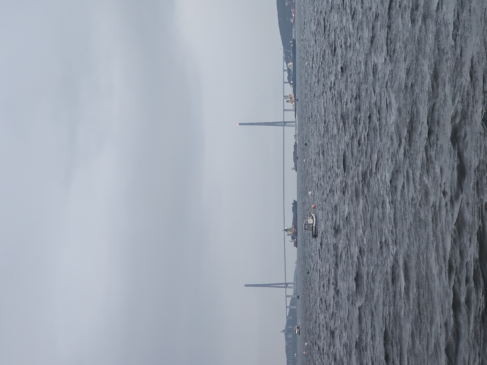 The image depicts a wide shot of a body of water with a suspension bridge in the background, likely the Russky Bridge in Vladivostok, Russia, given its distinctive pylon shape. The sky is overcast and a light gray, with some cloud texture visible. The water is dark and choppy, with visible waves.
In the foreground, there are several buoys floating on the water, some green and some orange and white. A small white boat with a blue trim is positioned in the right foreground. In the mid-ground, several larger vessels are visible. To the left of the bridge, a lighter-colored boat appears to be moving. Further towards the center and right of the bridge, a large cargo ship with a red and blue hull is docked or anchored. Another large, dark-colored ship is visible behind it. A red ship is seen on the far right, near the shoreline.
The bridge itself is a prominent feature, with two tall, slender pylons supporting the suspension cables. The top of the right pylon is illuminated with a red light. The bridge spans across the water to a distant landmass on the right, which is covered in green foliage. A tower or structure is visible on the left landmass in the distance. The overall atmosphere of the image is calm, despite the choppy water, due to the overcast weather and the static nature of the bridge and ships. There are no people clearly visible in the image.