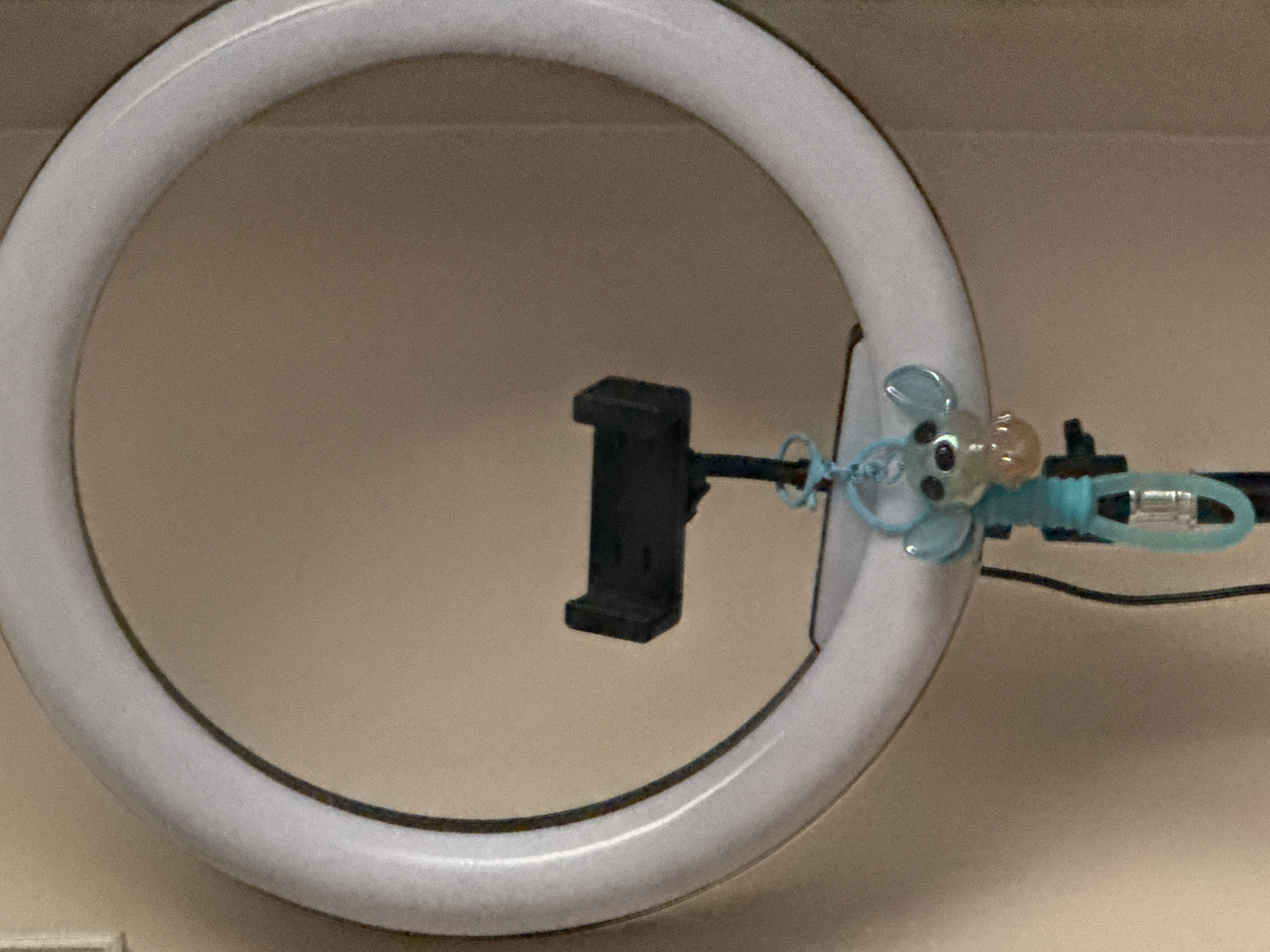 A close-up shot features a circular white ring light. Inside the ring, a black phone holder is centrally located. Attached to the right side of the ring light is a small, light blue plastic toy featuring a cartoonish animal head. Behind the toy, a black cable extends out of the frame. The background is a plain, neutral-colored wall. The image does not provide enough details to determine its location in Lovech, Bulgaria.