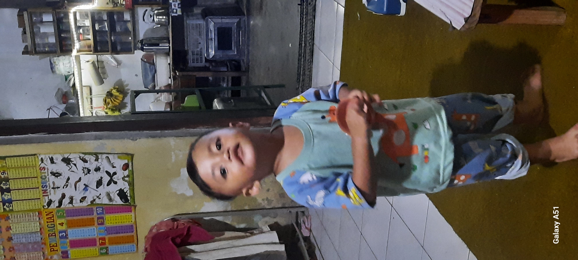 The image captures a young child standing indoors, likely in a domestic setting in Ploso, Indonesia. The child, with dark hair and fair skin, is wearing a light blue t-shirt with a patterned design featuring cartoon animals, including a giraffe, and blue patterned pants. The child is holding an orange object in their hands. The background reveals a wall with educational posters, one depicting insects and another showing numbers and divisions. Further in the background, shelves are visible with various items, including jars and containers, suggesting a storage or kitchen area. The floor is covered with a rug. The lighting appears to be artificial.