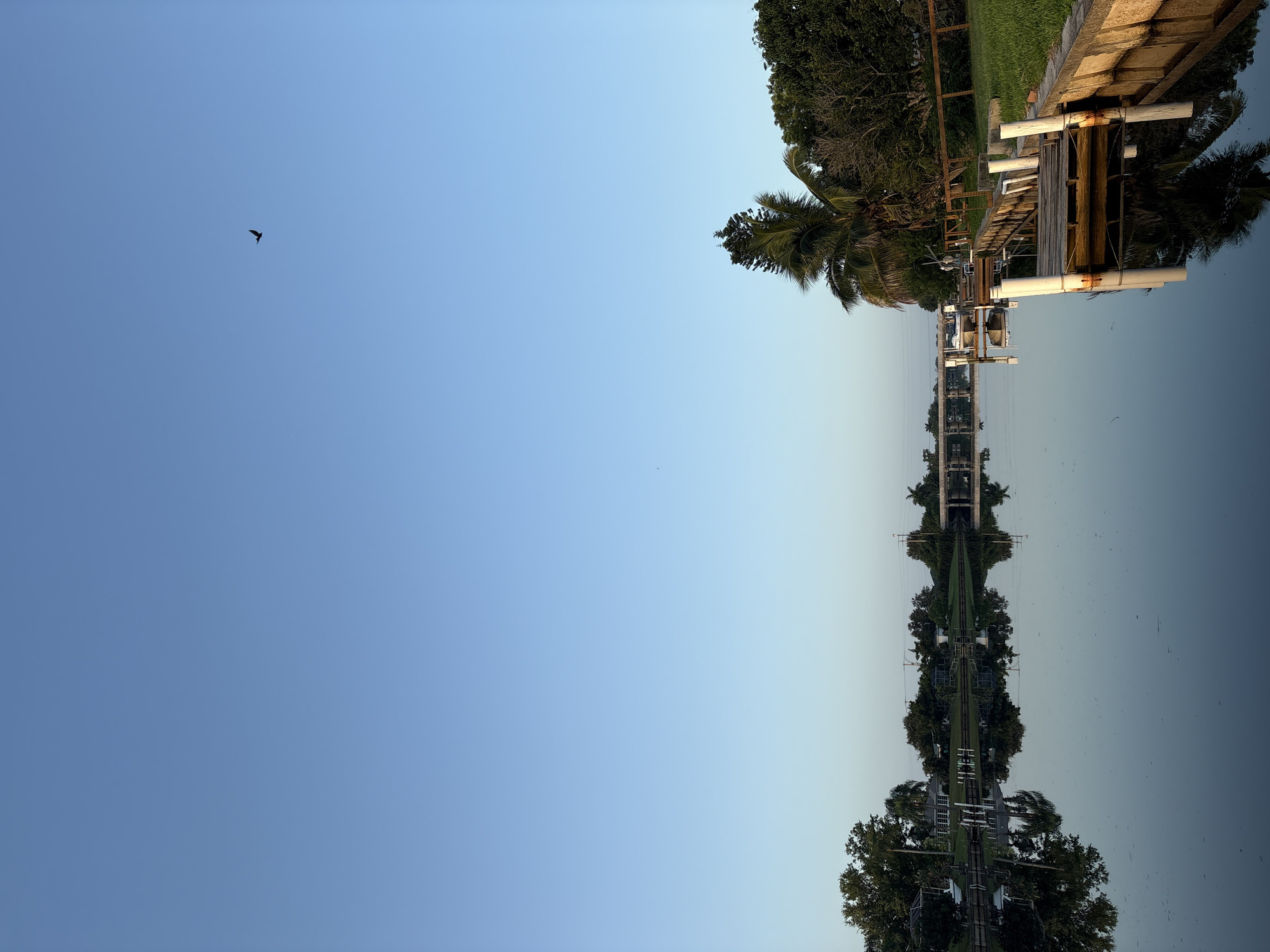 A serene canal scene unfolds under a clear blue sky in North Port, Florida, United States of America. The calm water perfectly mirrors the lush green trees, houses, and a distant bridge lining the canal's edge. A bird soars gracefully in the upper right quadrant of the sky. On the right bank, a wooden dock with white pilings extends into the water, reflecting the surrounding foliage and the sky. A boat is docked on the left side of the canal. The overall atmosphere is peaceful and tranquil, indicative of a quiet morning or early evening in this waterfront community.