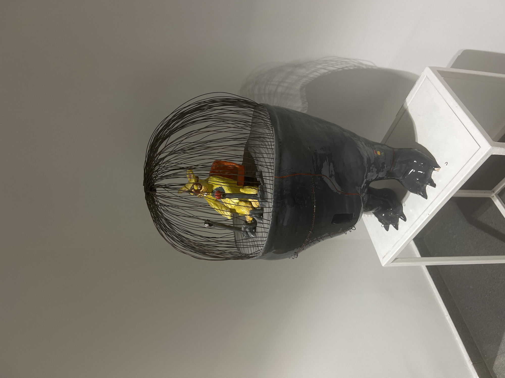This media file captures a detailed indoor art installation, likely within a gallery or exhibition space in Sofia, Bulgaria. The primary subject is a large, elaborate sculpture oriented horizontally, featuring a dark, sleek, and somewhat menacing creature or vessel at its core. This creature, which appears to be made of a dark, glossy material (possibly metal or ceramic), resembles a stylized beast or a formidable deep-sea vehicle, with multiple pointed protrusions or claws emerging from its right side.
Attached to the front (left side) of this dark mass is a spherical wire cage. Inside the cage, a smaller, vibrant yellow figure is visible. This figure appears anthropomorphic, possibly a cartoon-like character or doll, characterized by a bulbous head, round eyes, and an orange element that might be a hat or part of its clothing. It seems to be clutching a small red object.
The installation is set against a plain, light-colored wall or background. Strong, directional lighting casts dramatic shadows, particularly from the wire cage and intricate structures on the main sculpture, creating a dynamic visual effect on the wall behind it. To the right of the main sculpture, a white, modular shelving unit or display stand with geometric compartments is partially visible, reinforcing the exhibition setting.
The artwork conveys a sense of tension and narrative, with the smaller, vulnerable figure seemingly trapped within the cage, attached to the larger, imposing dark entity. There is no visible text in the image.