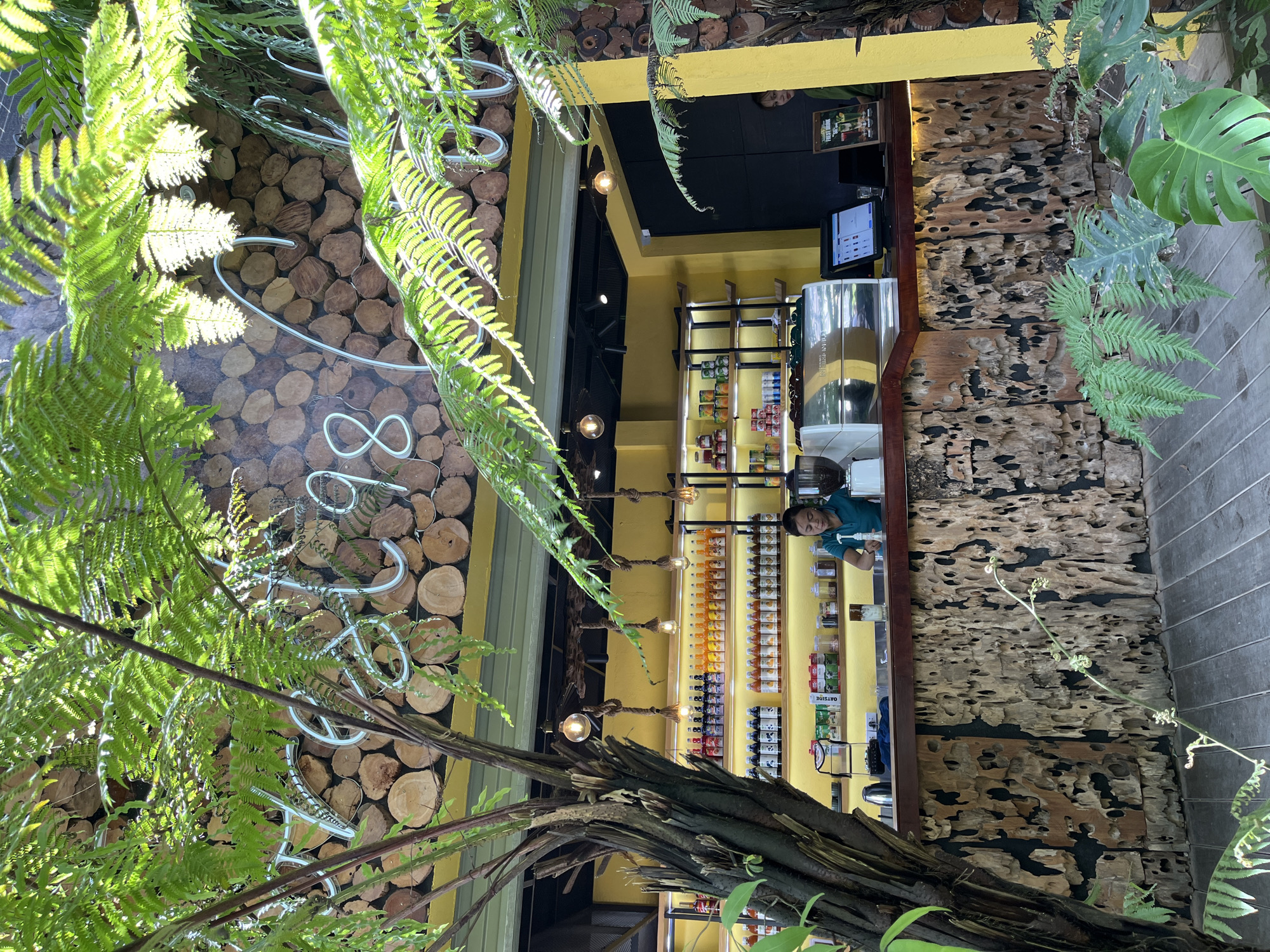 The image shows the interior of a shop in Đà Nẵng, Vietnam. A person stands behind a yellow counter with shelves stocked with bottled drinks and canned goods. A point-of-sale system is visible on the counter. The wall on the left is decorated with circular pieces of wood, accented by a light blue neon sign. The wall on the right is wood with numerous holes. Ferns and other greenery frame the scene, both inside and outside. The ceiling above the counter is black, and the interior is lit by hanging light bulbs.