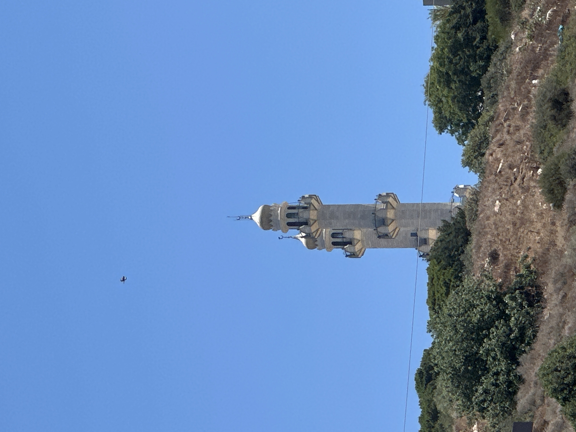 A clear, bright blue sky dominates the upper portion of the image. In the sky, a small, dark bird is visible in flight. The central focus of the image is a tall, light-colored minaret, likely part of a mosque, situated atop a hillside. The minaret has multiple tiers, with balconies and decorative elements. The hillside is covered in dry, brown vegetation and scattered green bushes and trees. A thin wire or cable stretches horizontally across the image in front of the minaret. The lower part of the image shows more dense green foliage on the hillside. The minaret's architectural style suggests it could be in Haifa, Israel, given its presence in the provided context.