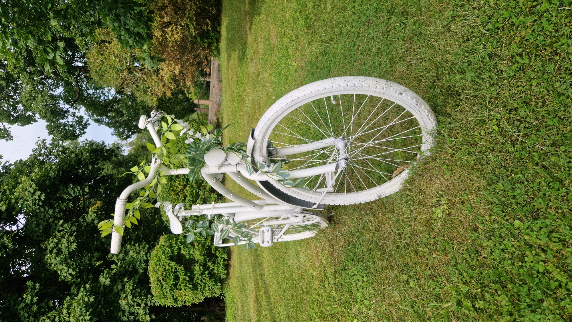 A white bicycle is adorned with green foliage and white flowers, placed on a grassy lawn in front of a backdrop of lush green trees. The bicycle is positioned in the foreground, facing slightly to the left. The scene appears to be outdoors, possibly in a park or garden setting. The overall impression is one of decorative outdoor ambiance.