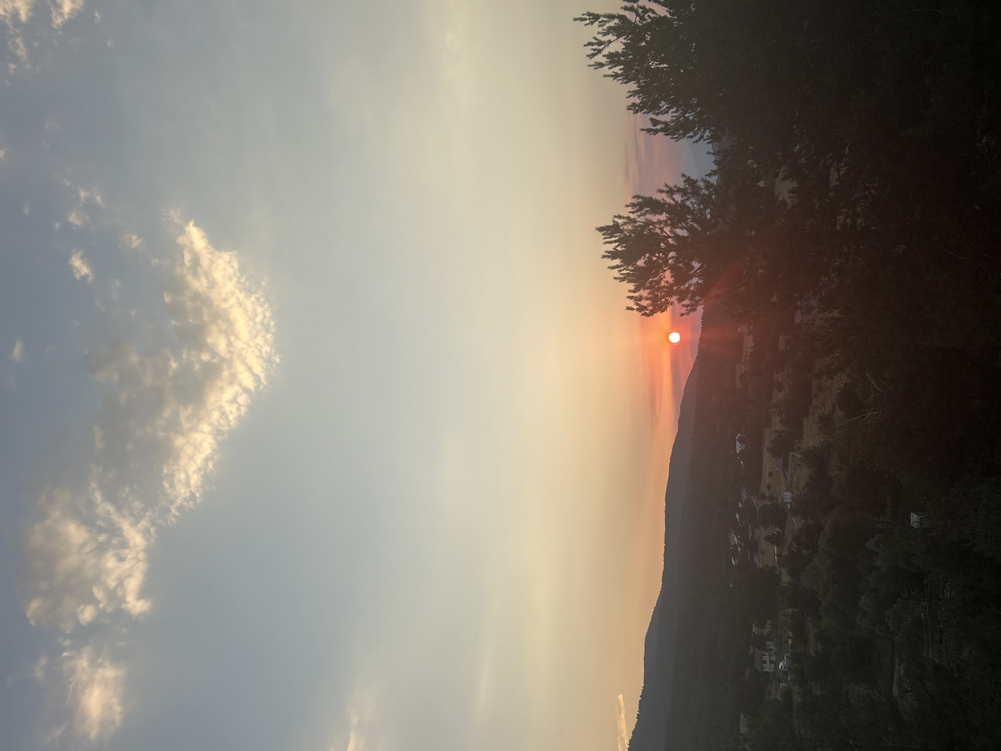 This image captures a sunset over a rural landscape, likely in the vicinity of Batak, Bulgaria. The sun, a bright orange orb, is low on the horizon, casting a warm glow across the sky. The sky transitions from a pale blue at the top to hues of orange and pink near the horizon. Wispy clouds, tinged with yellow and orange from the setting sun, are scattered across the upper portion of the sky.
In the middle ground, a hilly terrain is covered with dense green trees. A few scattered buildings, appearing to be houses and smaller structures, are visible amidst the trees, suggesting a small village or scattered rural dwellings. The architecture of the houses is simple, with white walls and darker roofs. The overall impression is one of a tranquil, natural environment.
In the foreground, the silhouettes of two coniferous trees are prominent on the right side of the image, their dark forms contrasting with the brightly lit sky and landscape. The trees appear to be pine trees, with their characteristic needle-like foliage. The ground in the foreground is dark and indistinct, suggesting it is in shadow. The scene evokes a sense of calm and the end of a day in the countryside.