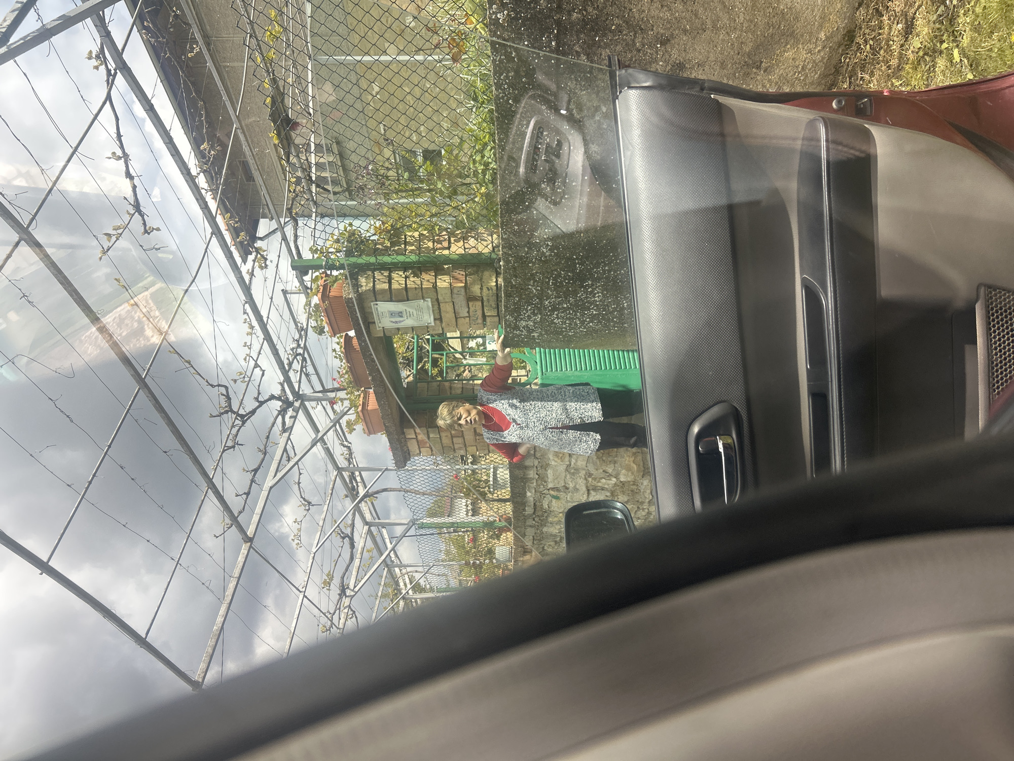 The image, taken from inside a car, shows a reflection in the car window of a scene outside. A woman stands next to a structure covered in vegetation. She wears a light-colored apron over a red top and dark pants. The structure appears to be a trellis or arbor, possibly for grapevines. Potted plants hang along its sides. Beyond the structure, there is a fence and greenery. The car door interior is visible in the foreground. Based on the prompt, the location is Gorsko Ablanovo, Bulgaria.