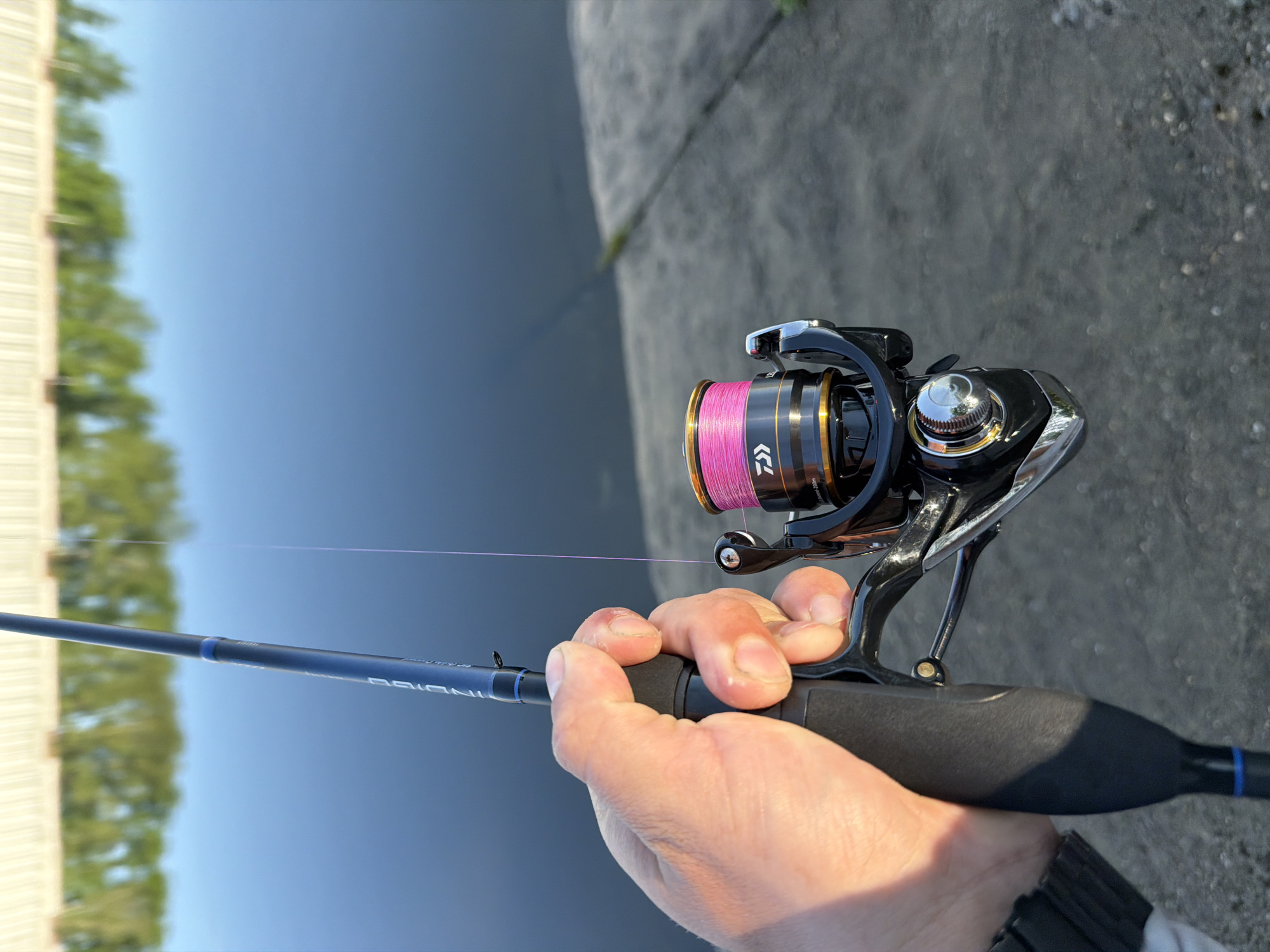 A person is holding a fishing rod and reel. The reel is a Daiwa spinning reel with pink line. The rod is blue and black. The person's hand is visible. The background includes a body of water, and a concrete barrier. The location is likely Chaikovsky, Russia.