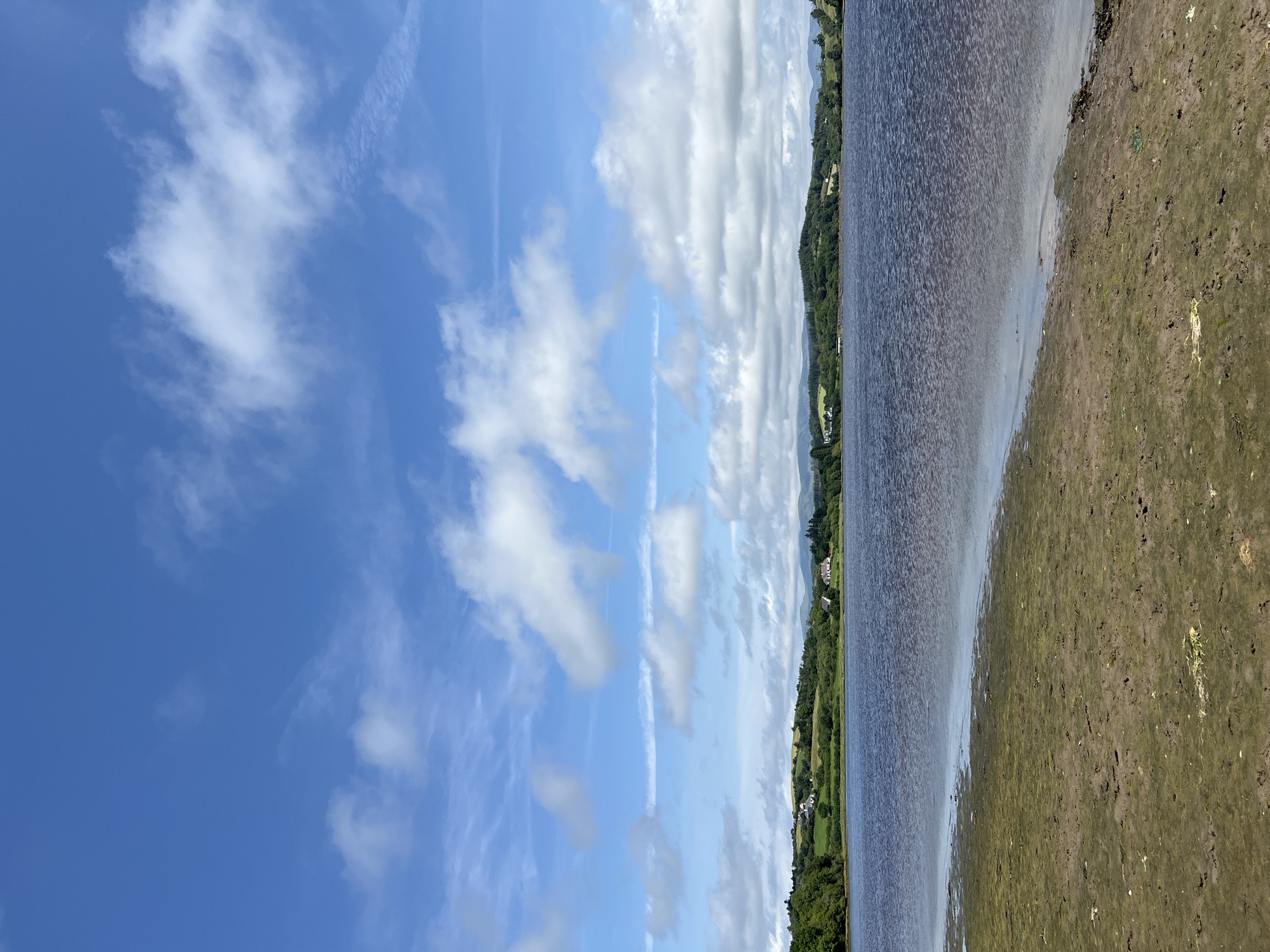 This is a vertical, eye-level shot of the Tullycullion Reservoir in Tullycullion, Ireland, on a bright, cloudy day. The foreground is dominated by a muddy shoreline with sparse green vegetation. The dark blue water of the reservoir stretches across the middle ground. In the background, rolling green hills are dotted with houses and trees, and a distant mountain range is visible. The sky is a vibrant blue, filled with scattered white clouds, some of which appear wispy and stretched. There are no people or animals present in the image.
