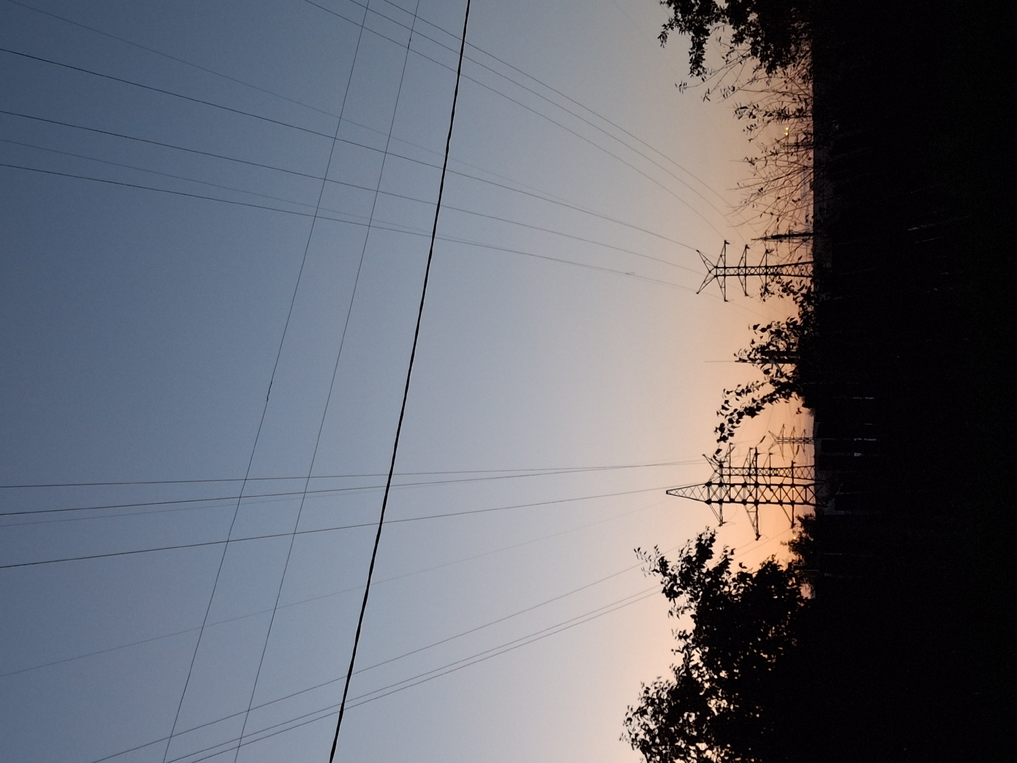The image depicts a sunset in Chaikovsky, Russia, featuring a silhouetted landscape dominated by high-voltage power lines. Multiple power line towers are visible against the gradient sky, which transitions from a clear blue at the top to a warm orange-pink hue near the horizon. Dense, dark silhouettes of trees and foliage line the bottom of the frame, obscuring the ground and any potential inhabitants. The power lines themselves are a prominent feature, crisscrossing the sky in various configurations, creating a geometric pattern against the natural backdrop. There are no people or animals visible in the scene.