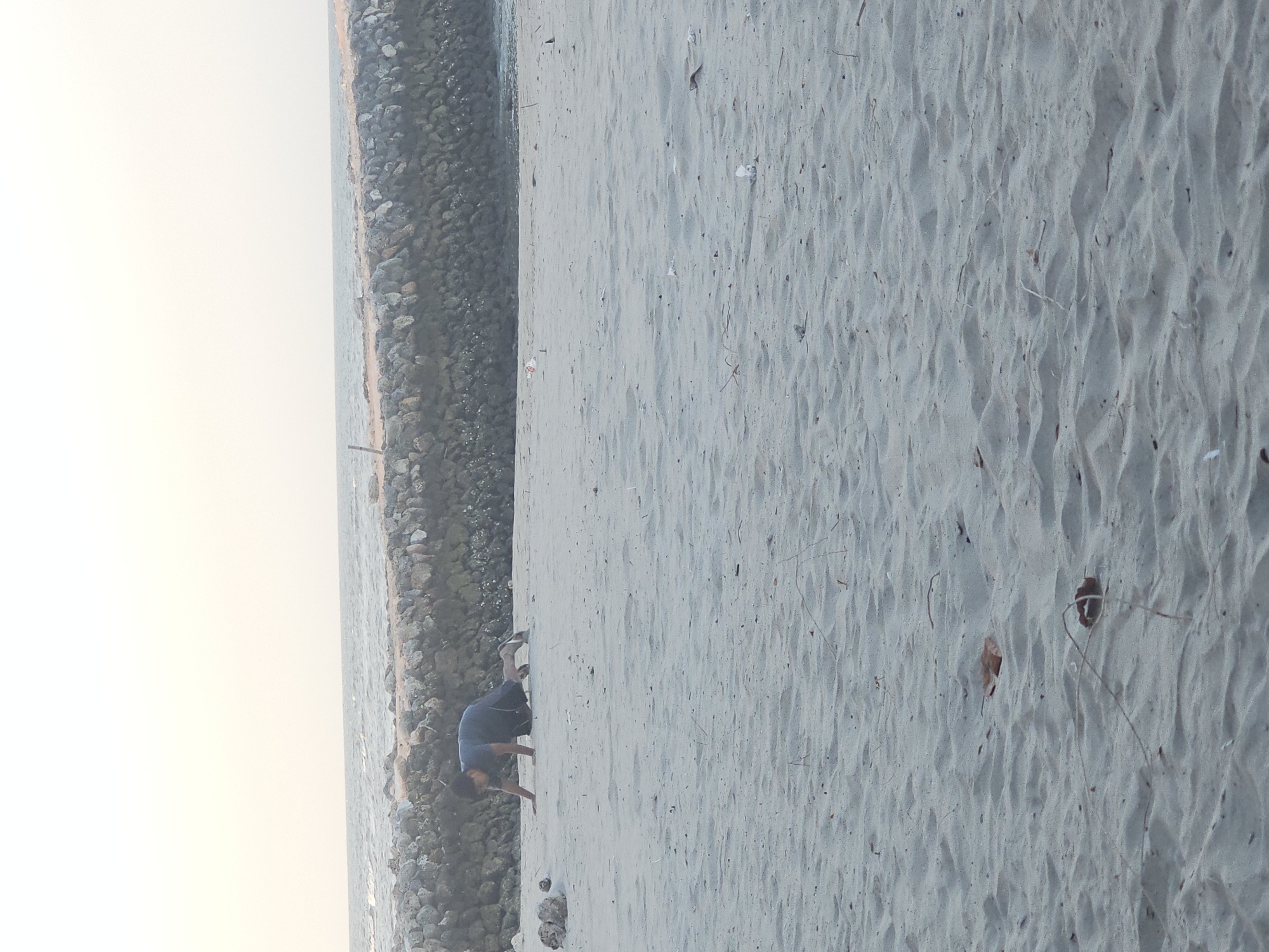 A person is on a sandy beach in Dalegan, Indonesia. The person is in a push-up position, with their hands on the sand. They are wearing a dark blue shirt and dark shorts. In the background, there is a rock wall that separates the beach from the ocean. The ocean is calm, with small waves. The sky is overcast. There are a few pieces of debris on the sand, including some dried leaves and plastic.