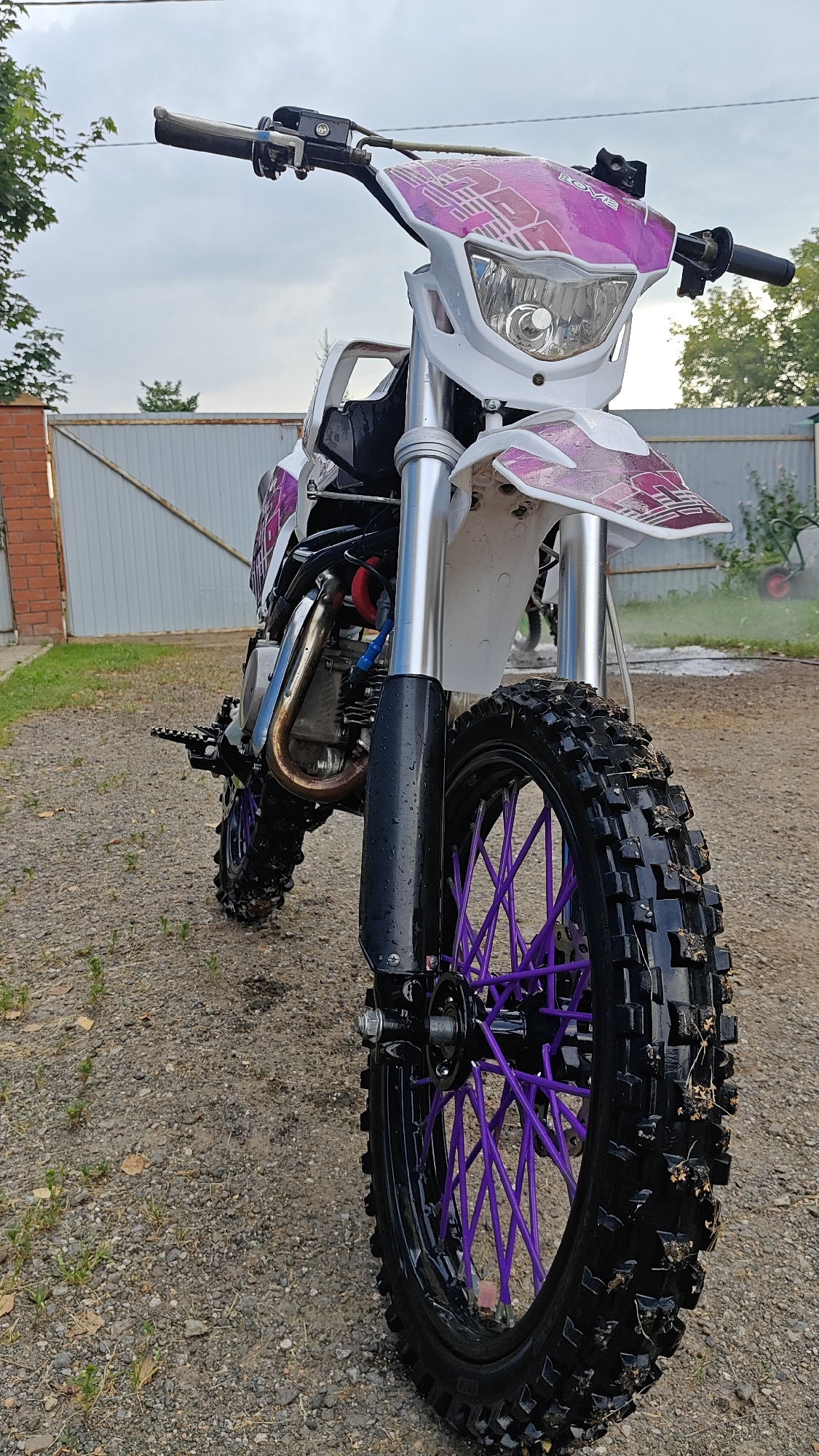 An outdoor, eye-level, medium shot captures a dirt bike with purple spokes parked on a gravel-covered surface. The dirt bike is predominantly white with purple graphics on the front fender and headlight assembly. Its front wheel, equipped with knobby tires, is prominent in the foreground, showing mud and dirt. The handlebars and front suspension are visible, with water droplets on various parts of the bike. In the background, a light-colored metal fence and a brick wall are present. Green foliage is visible on the left side of the frame, and on the right, a blurred image of what appears to be a garden hose and a red wheelbarrow can be seen. The sky above is overcast and cloudy.
