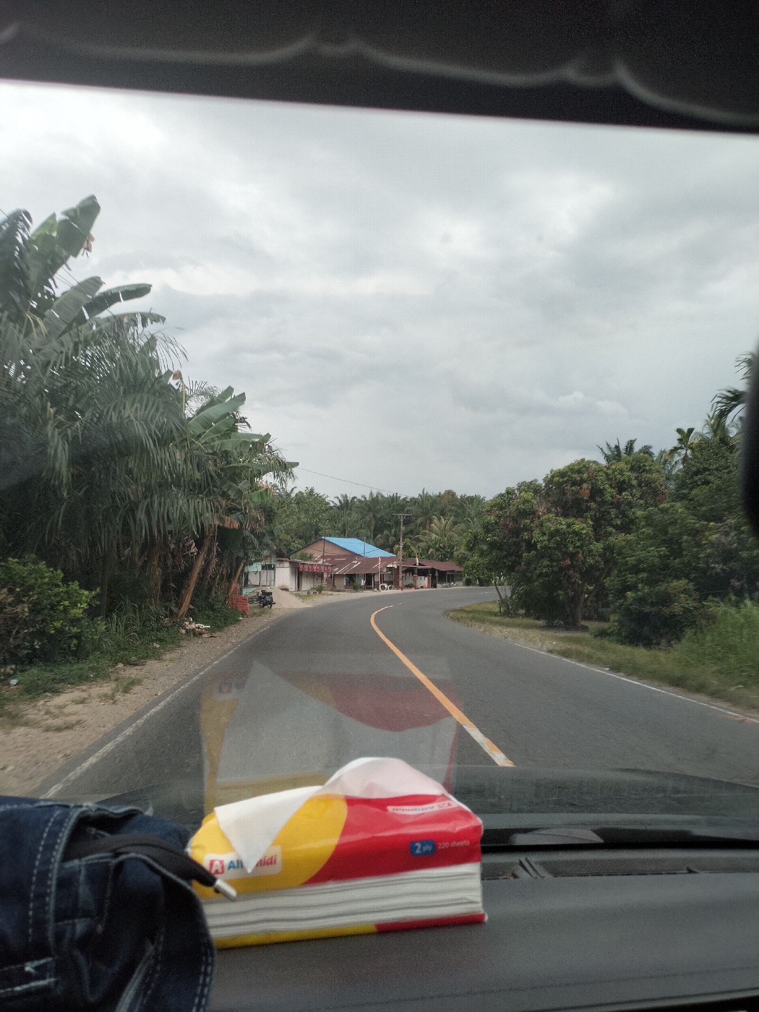 The image, captured from inside a vehicle, shows a view of a rural road in Bukit Selamat, Indonesia. A box of tissues is visible on the dashboard in the foreground, partially obscuring the view of a dark blue denim garment. The road itself is paved and marked with a yellow line. On the left side of the road, dense vegetation, including banana trees and other foliage, lines the unpaved shoulder. Further down the road, several small buildings with blue and brown roofs are situated. On the right side of the road, more trees and greenery are present. The sky is overcast with heavy clouds.