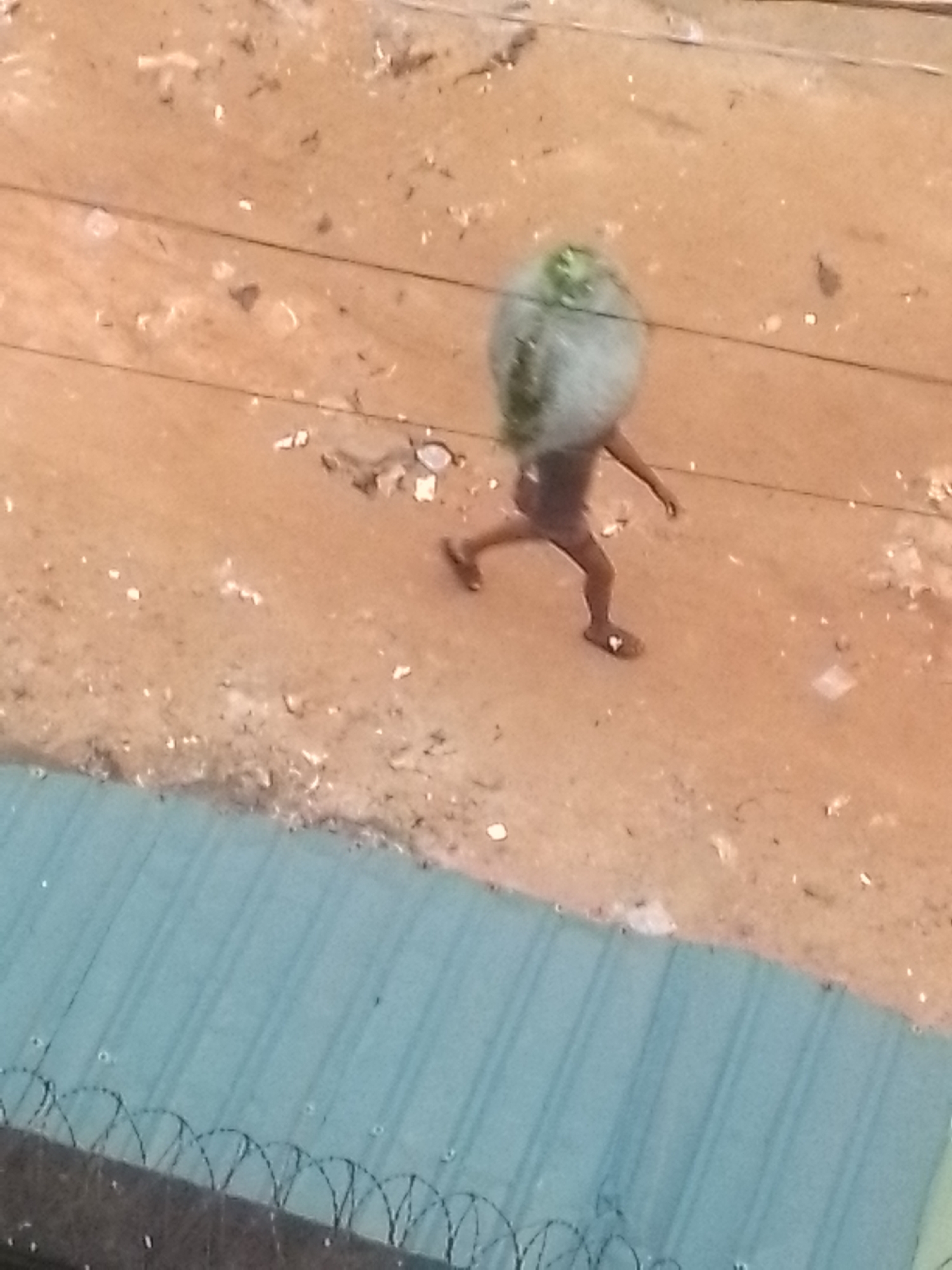 In Nkpor, Nigeria, a person is seen walking on a dirt path. The individual is carrying a large, round, light-colored object on their head. They are wearing shorts and sandals. The ground is sandy and appears to have some debris scattered about. In the foreground, there is a turquoise-colored structure with a metal fence along its edge. The image is taken from an elevated perspective.