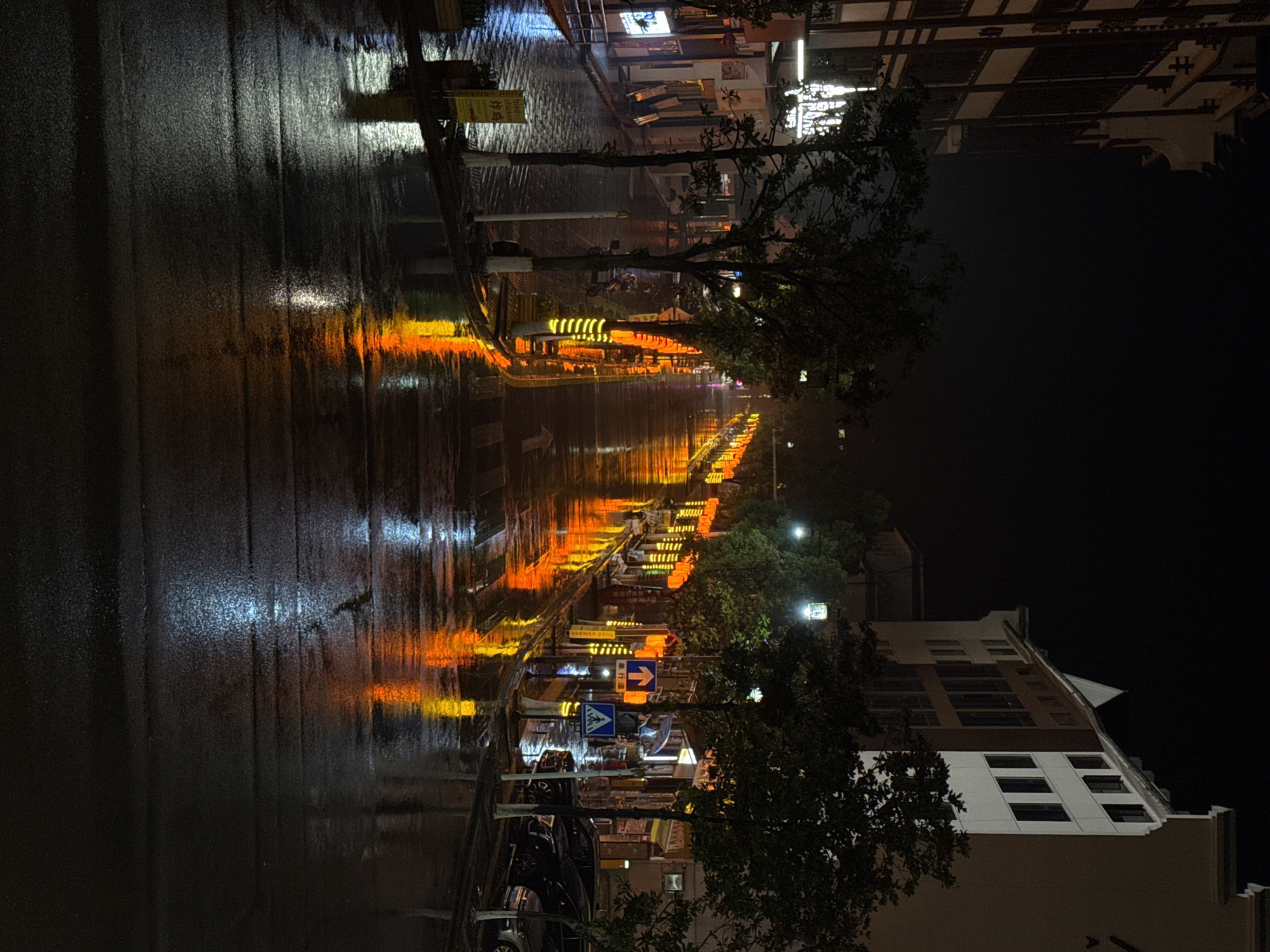 The image shows a wet street at night in Wulingyuan, China. Rain covers the asphalt, reflecting the orange glow of lights lining the road. Trees flank either side, partially obscuring the view. On one side, a multi-story building with lit windows stands. Traffic signs are visible near parked cars. The scene appears urban, with a focus on the effects of light and water.